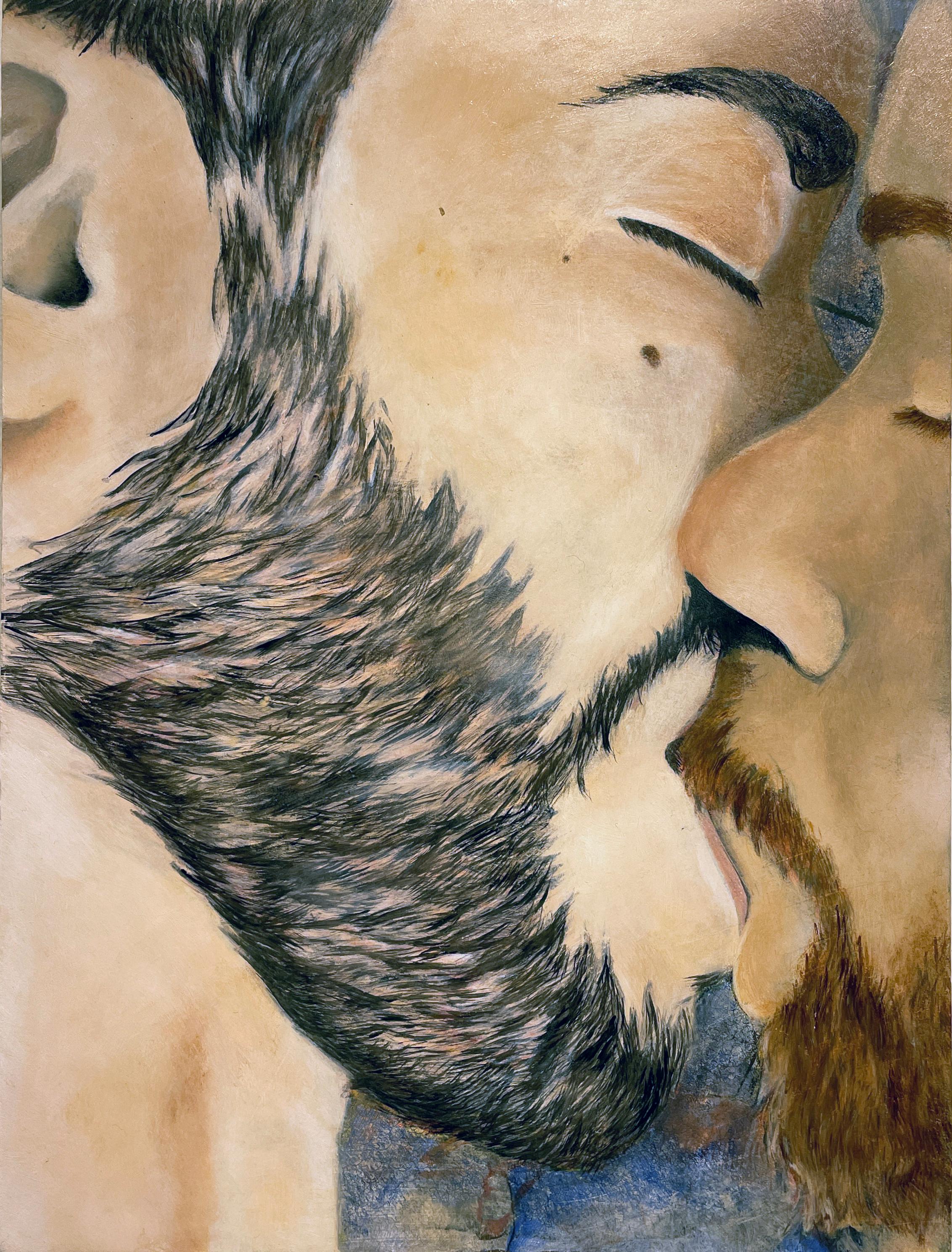 Rick Sindt Nude Painting - Without Heaviness - Close-Up Painting of Two Men Kissing, Original Oil on Panel