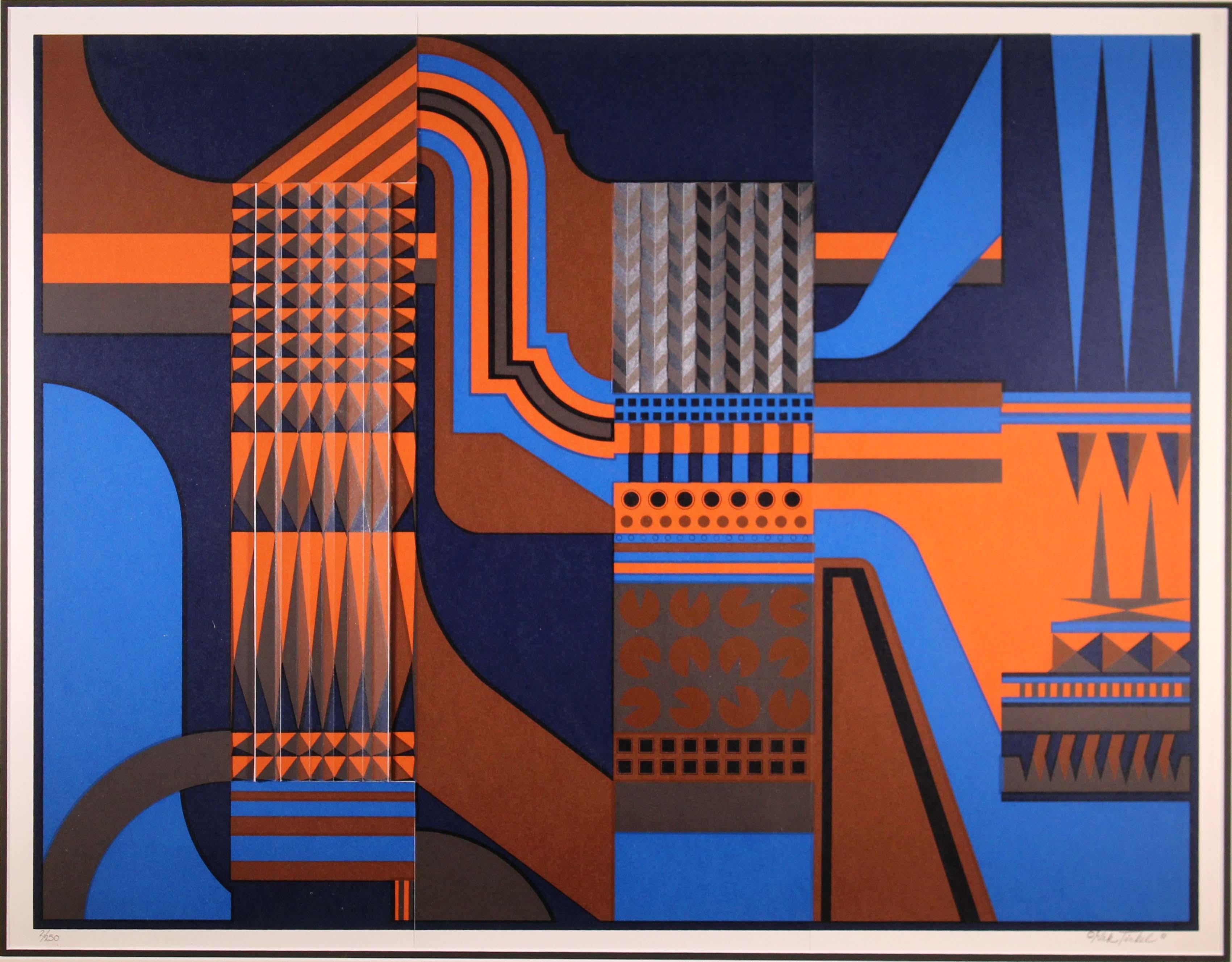 An intriguing Op Art postmodern serigraph by Rick Tunkel. Hand signed in pencil on the bottom right with a 1981 date and an annotation of 2/250 on the bottom left. A dynamic artwork with an abstract geometric design and 3-Dimensional aspects.
