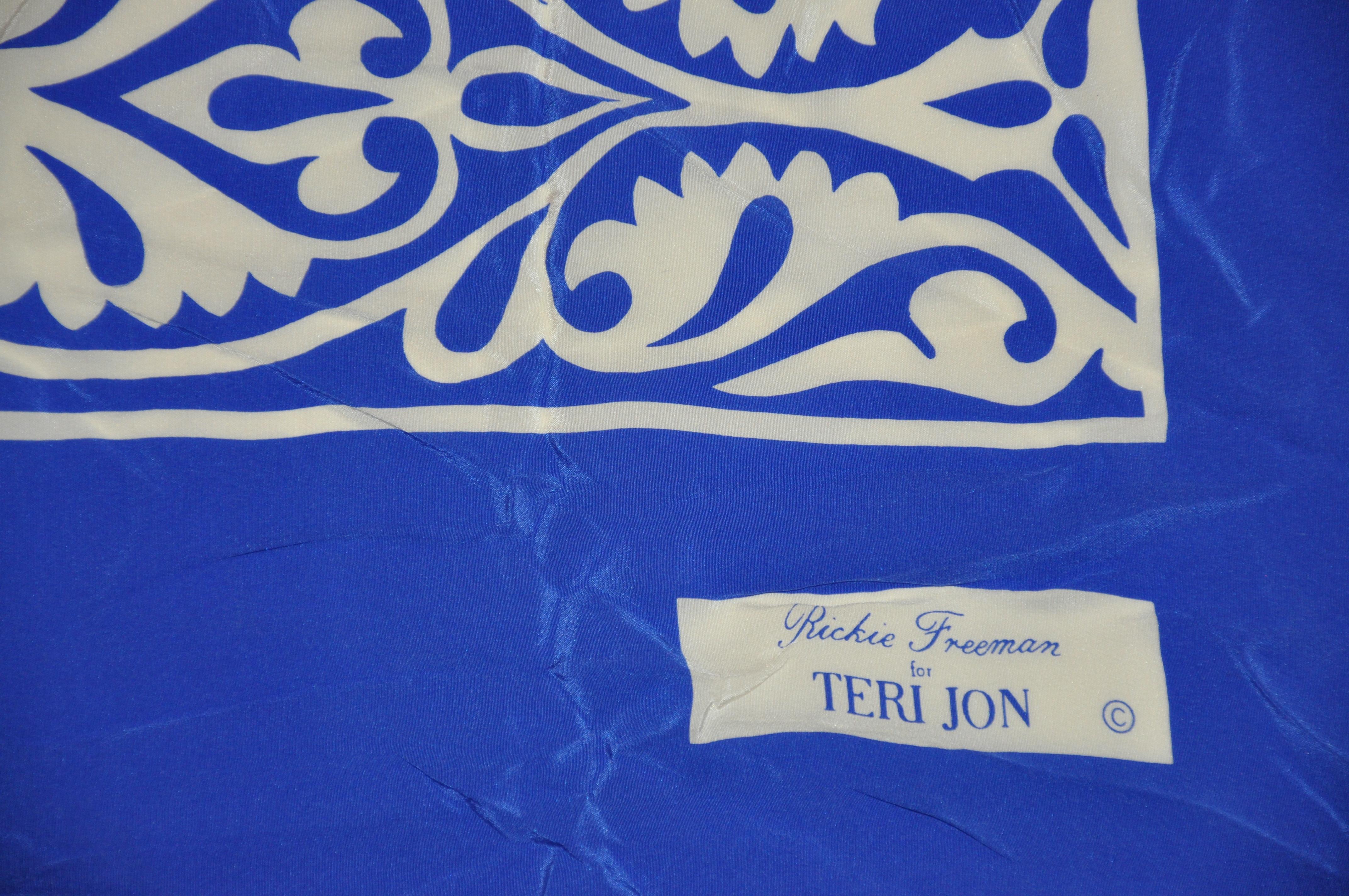 Rickie Freeman For Teri Jon Huge Bold Lapis Blue & White with Floral Silk Scarf In Fair Condition For Sale In New York, NY