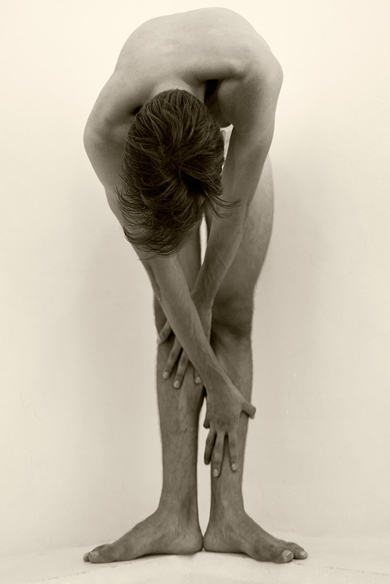 Folding Man, One. Motion Series. Male Sepia Photograph - Beige Nude Photograph by Ricky Cohete