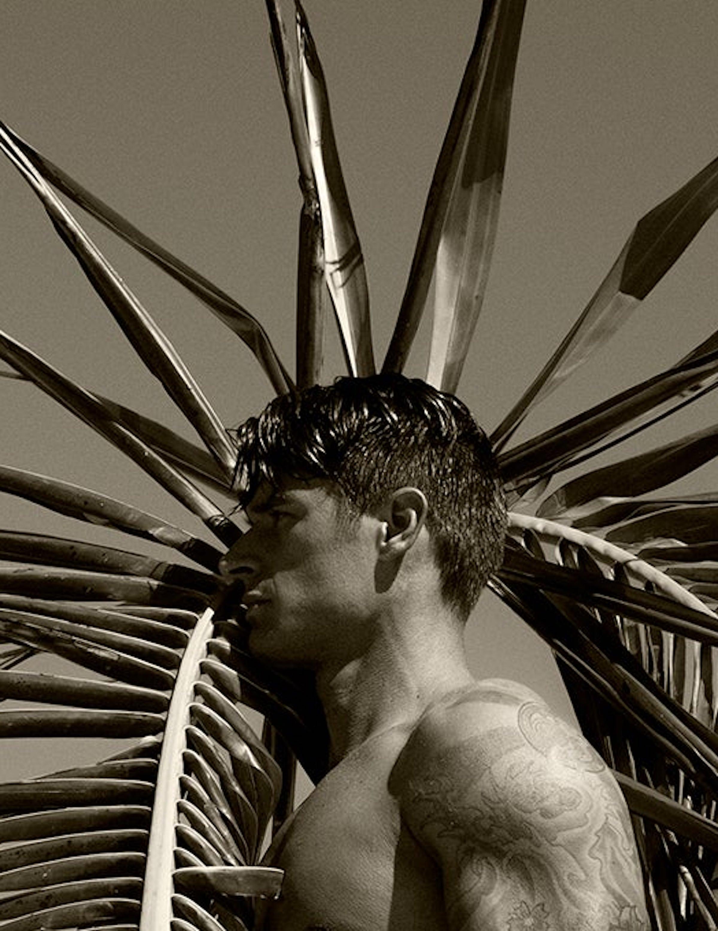 Palm, One 2017 - 2018
Sepia Color Archival Pigment print
24 x 36 in. Ed of 10.
Unframed

Palm & Trees: For this series, the artist explores short poems, the expansion of the palms, textures, and ease of the male figure surrounded by the sea and
