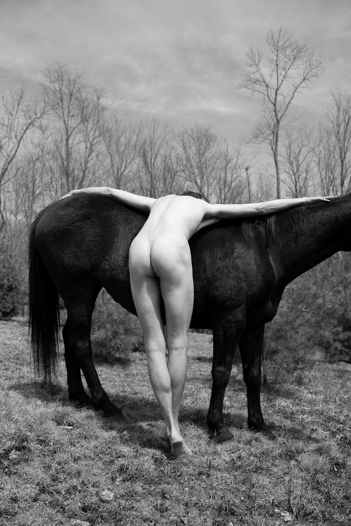 Ricky Cohete Figurative Photograph - Untitled 2. From The series Horse and Dancer. Male Nude Dancer B & W Photograph