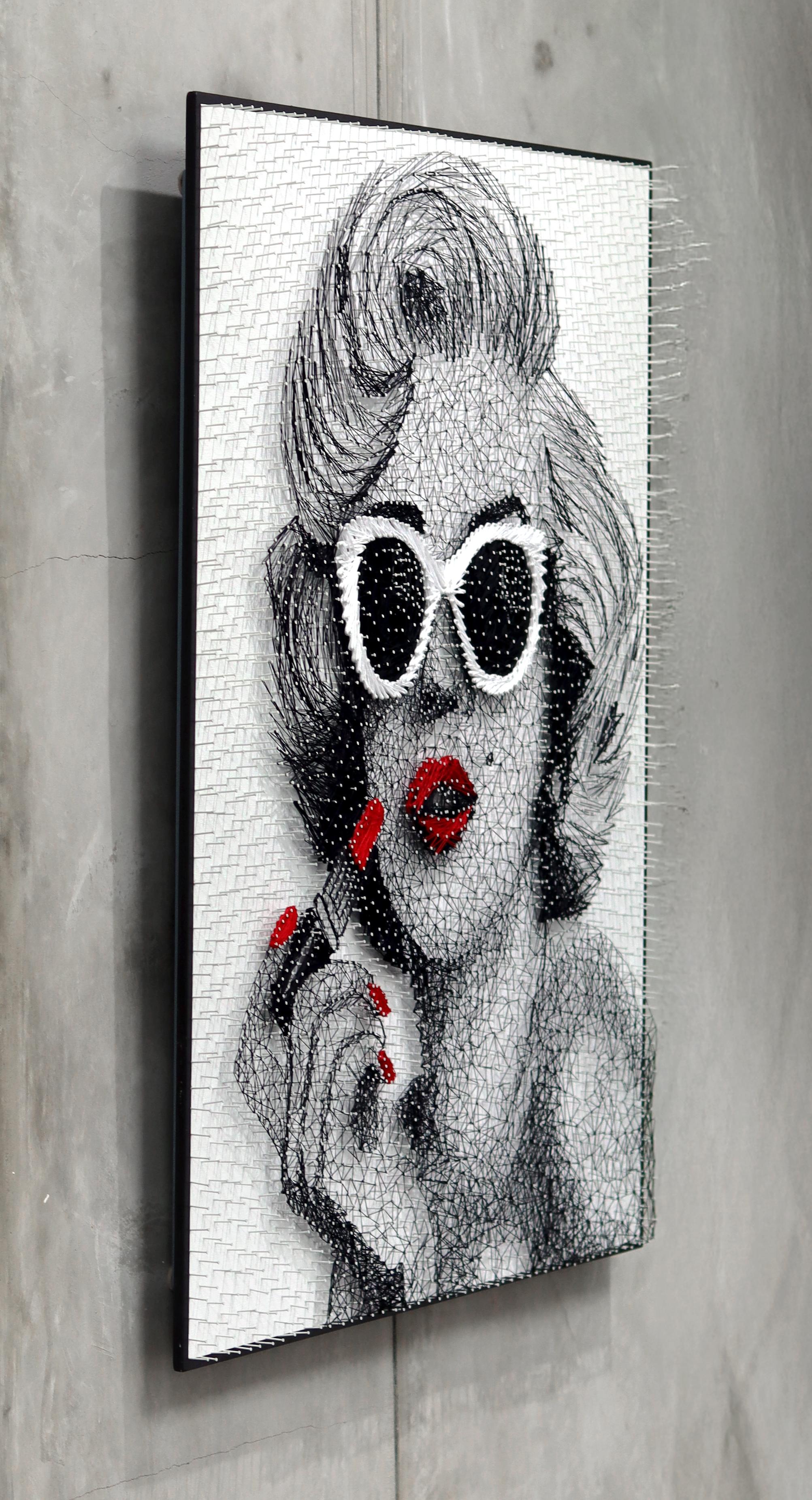All About The Nails - Black & White Red Marilyn Monroe Portrait String Artwork - Gray Portrait Painting by Ricky Hunt