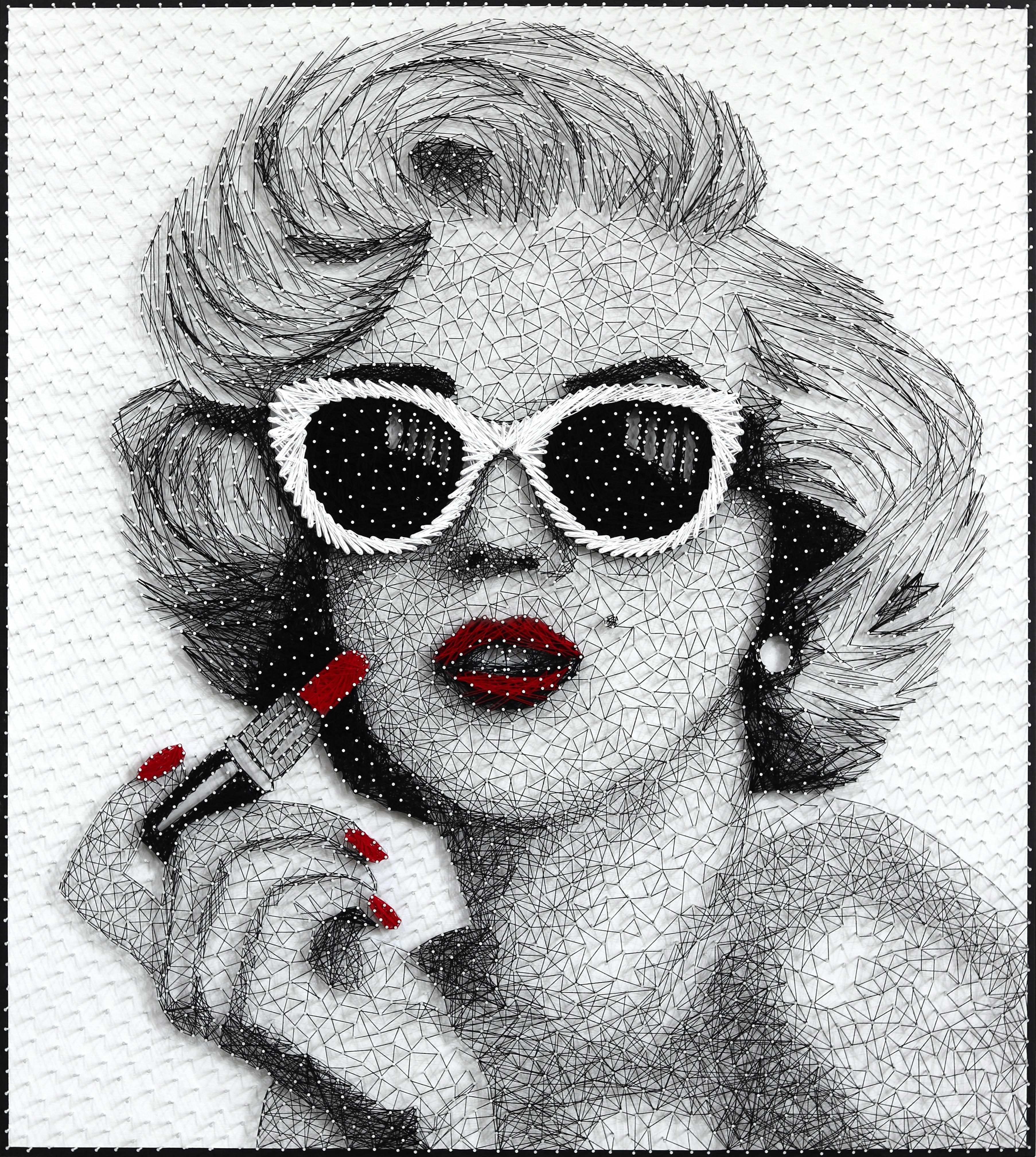 Ricky Hunt Portrait Painting - All About The Nails - Black & White Red Marilyn Monroe Portrait String Artwork