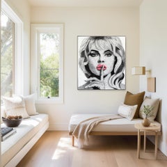 De Belles Levres - Portrait figuratif en noir et blanc Mixed Media String Art