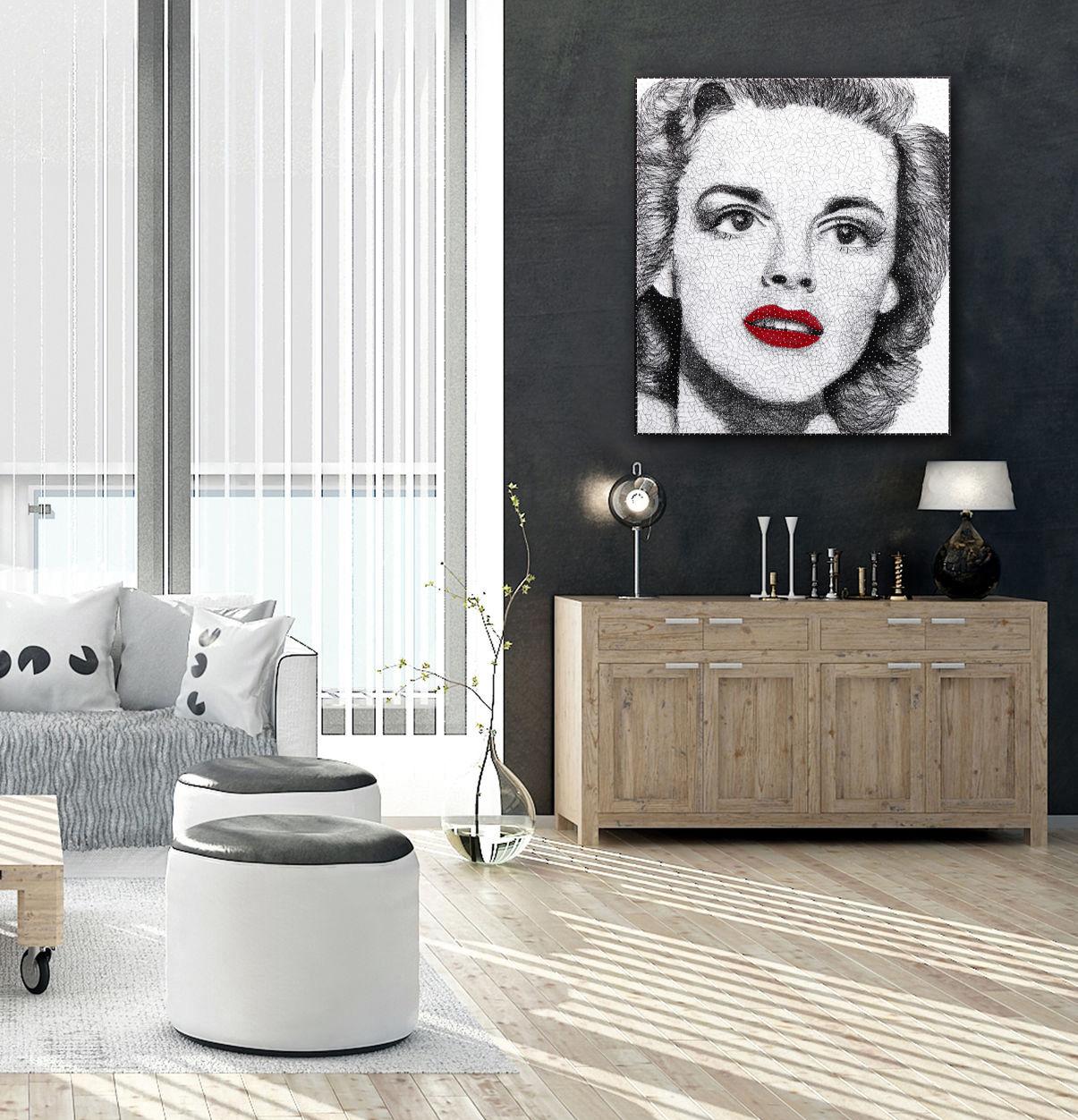 Judy Garland  -  Original Black and White Red Lips Mixed Media String Artwork For Sale 1