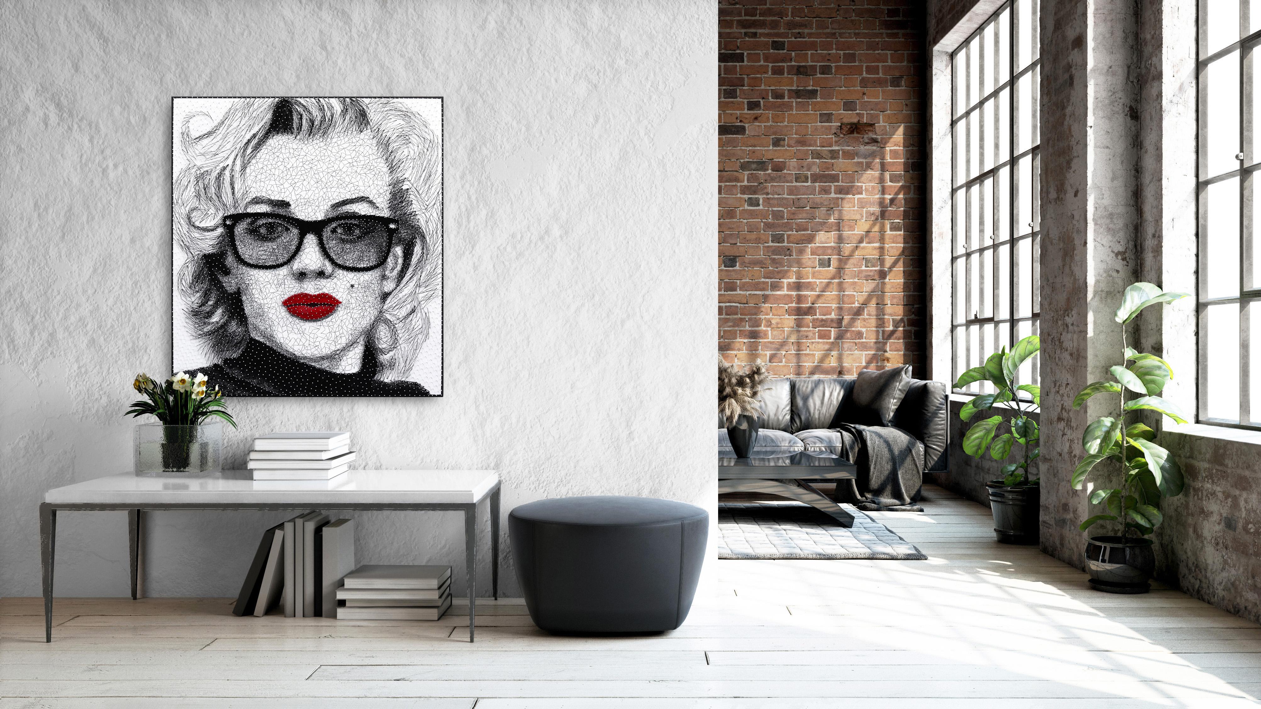 Marilyn Monroe  -  Original Black and White Mixed Media Sculpture String Artwork - Painting by Ricky Hunt