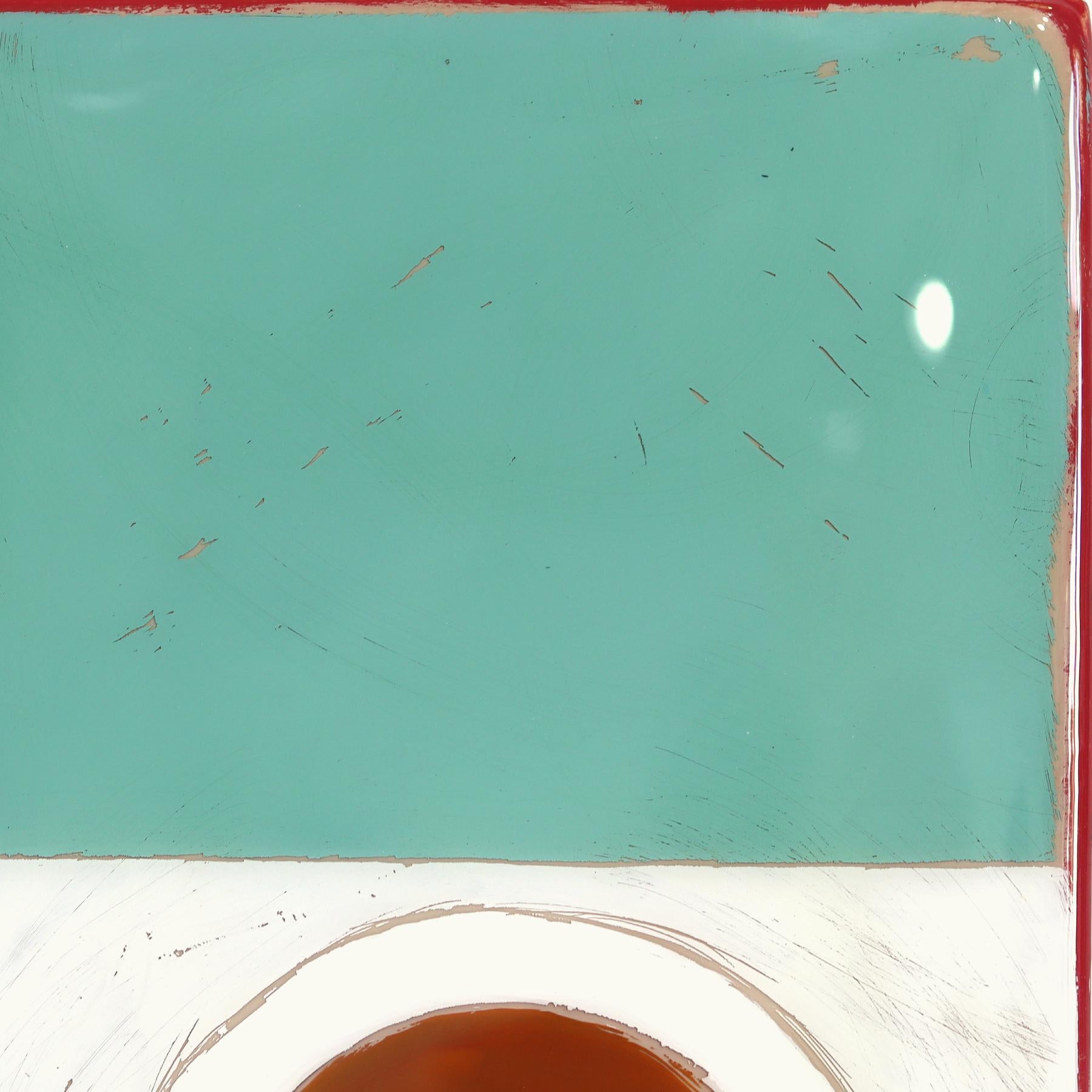 Ricky Hunt’s mixed media minimalist wall art is influenced by his tumultuous past that led to a paradigm shift in creativity and life. He covers the wood panel with layers of acrylic paint, removing some layers in the process to reveal the