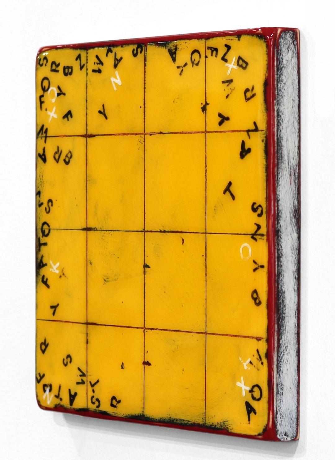 Alphabet Soup 12 - Peinture moderne minimaliste jaune de champ en résine - Orange Abstract Painting par Ricky Hunt