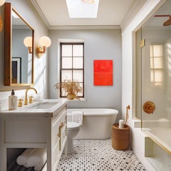 Double Vision 68 - Moderna opera d'arte astratta rossa vibrante minimalista in resina lucida