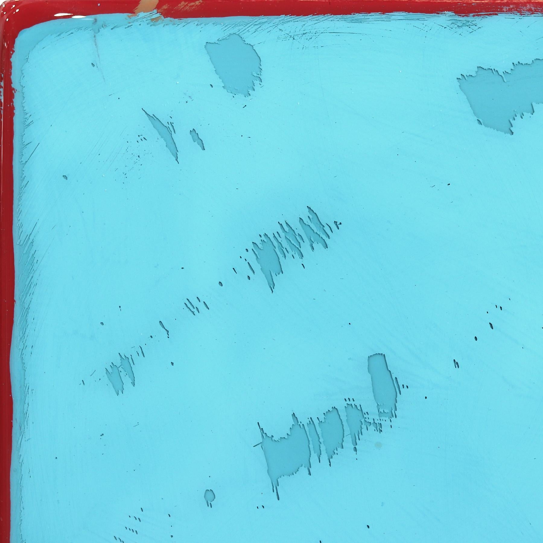 Ricky Hunt’s mixed media minimalist wall art is influenced by his tumultuous past that led to a paradigm shift in creativity and life. He covers the wood panel with layers of acrylic paint, removing some layers in the process to reveal the