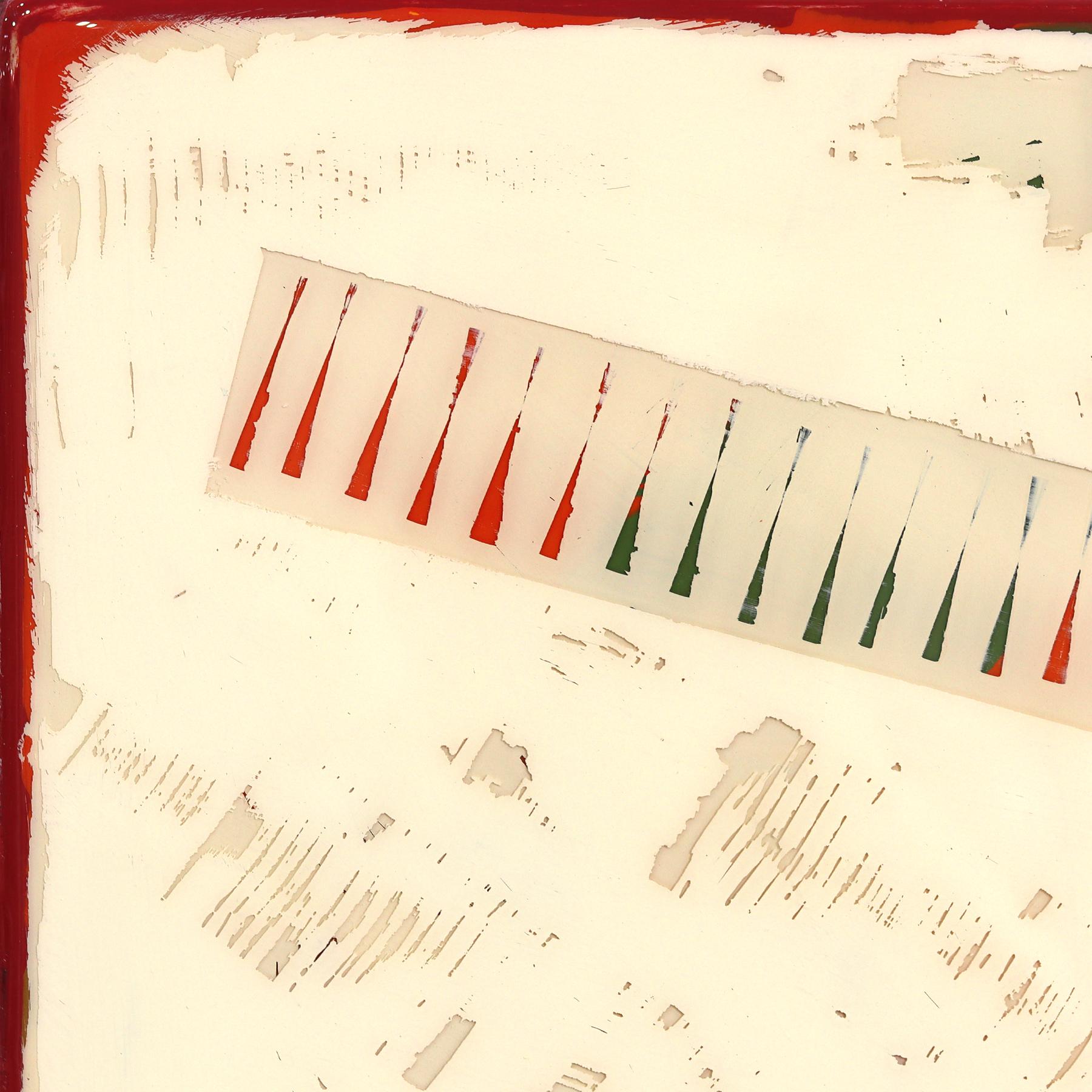 Ricky Hunt’s mixed media minimalist wall art is influenced by his tumultuous past that led to a paradigm shift in creativity and life. He covers the wood panel with layers of acrylic paint, removing some layers in the process to reveal the