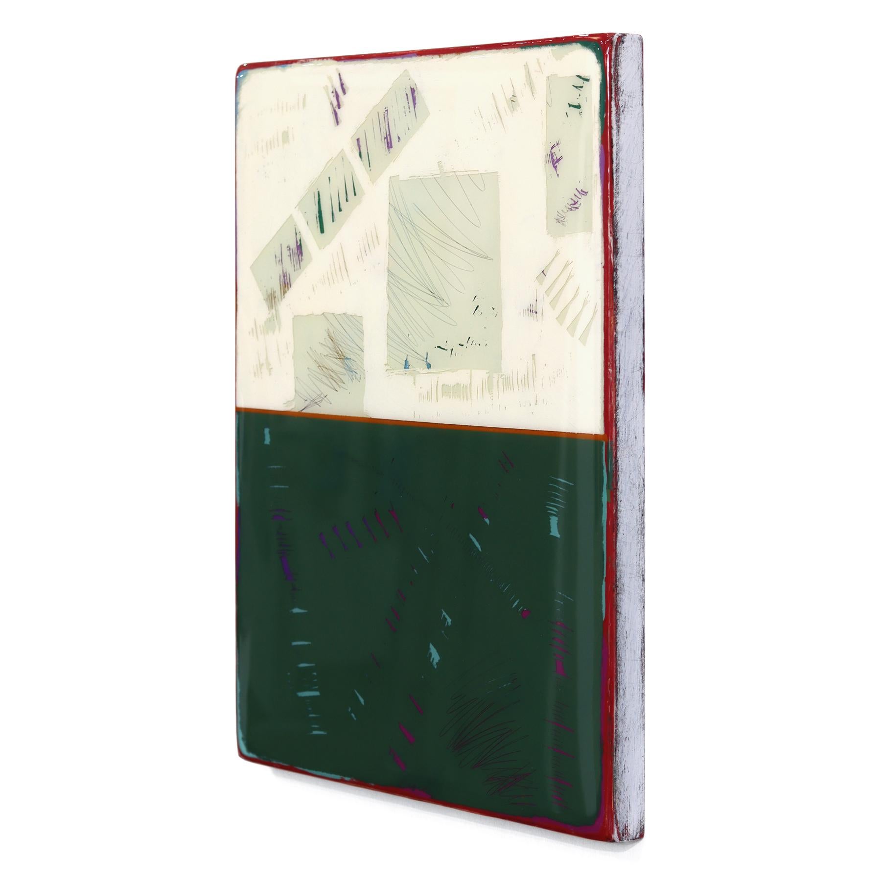 Double Vision 73 - Modern Shiny Resin Minimalist Dark Green Abstract Artwork For Sale 2