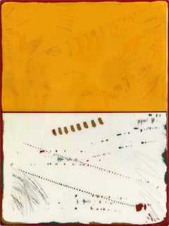 Double Vision 75 - Modern Shiny Resin Minimalist Yellow White Dual Tone Artwork