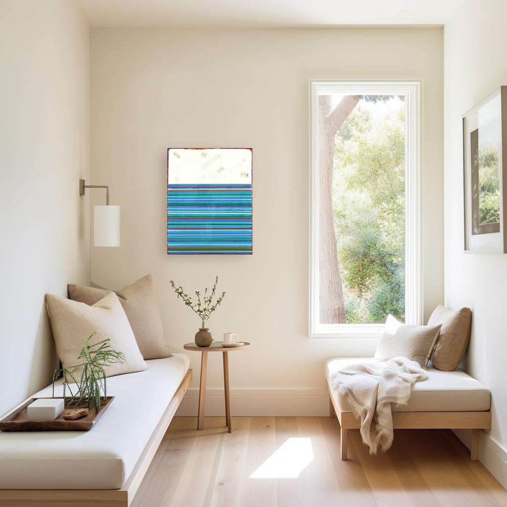 Fuego 8 - Resina Moderna Obra de Arte Minimalista de Rayas Azules en venta 3