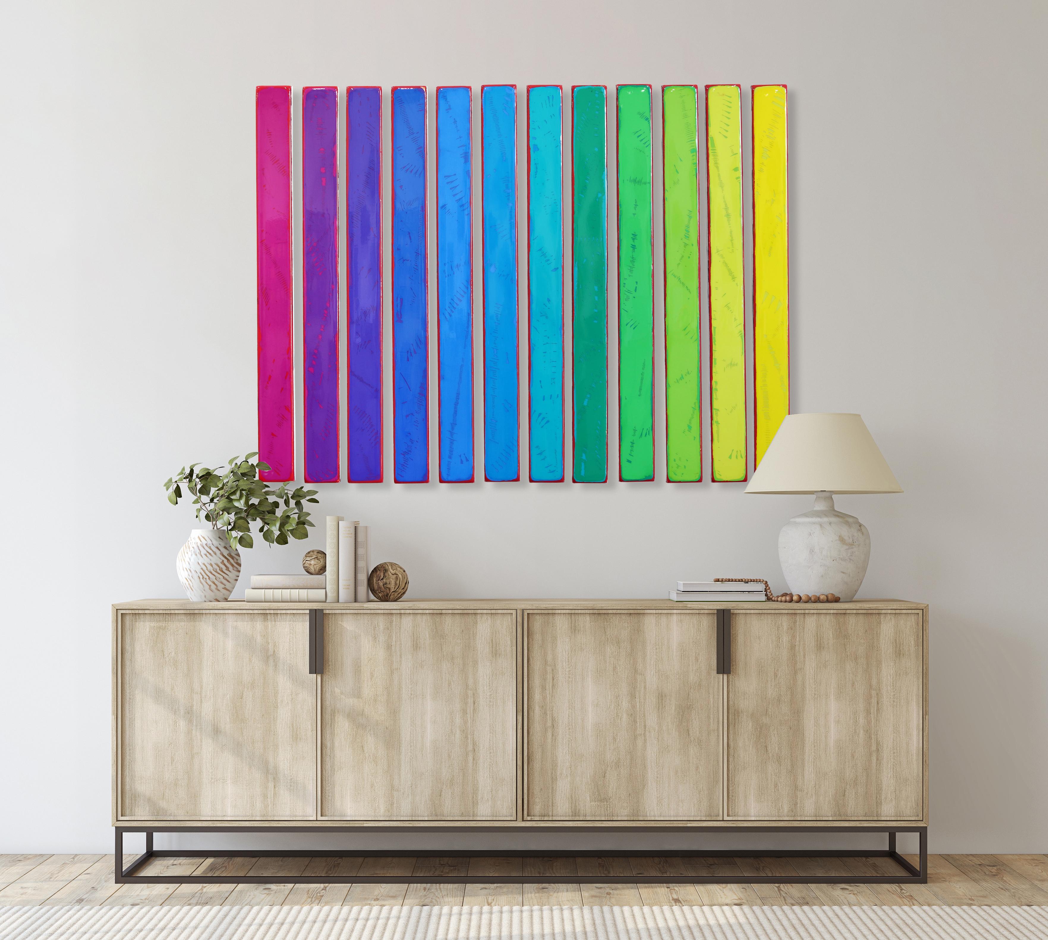 Gamut Wave 10 - Résine moderne minimaliste arc-en-ciel vibrant 12 panneaux art abstrait - Moderne Mixed Media Art par Ricky Hunt