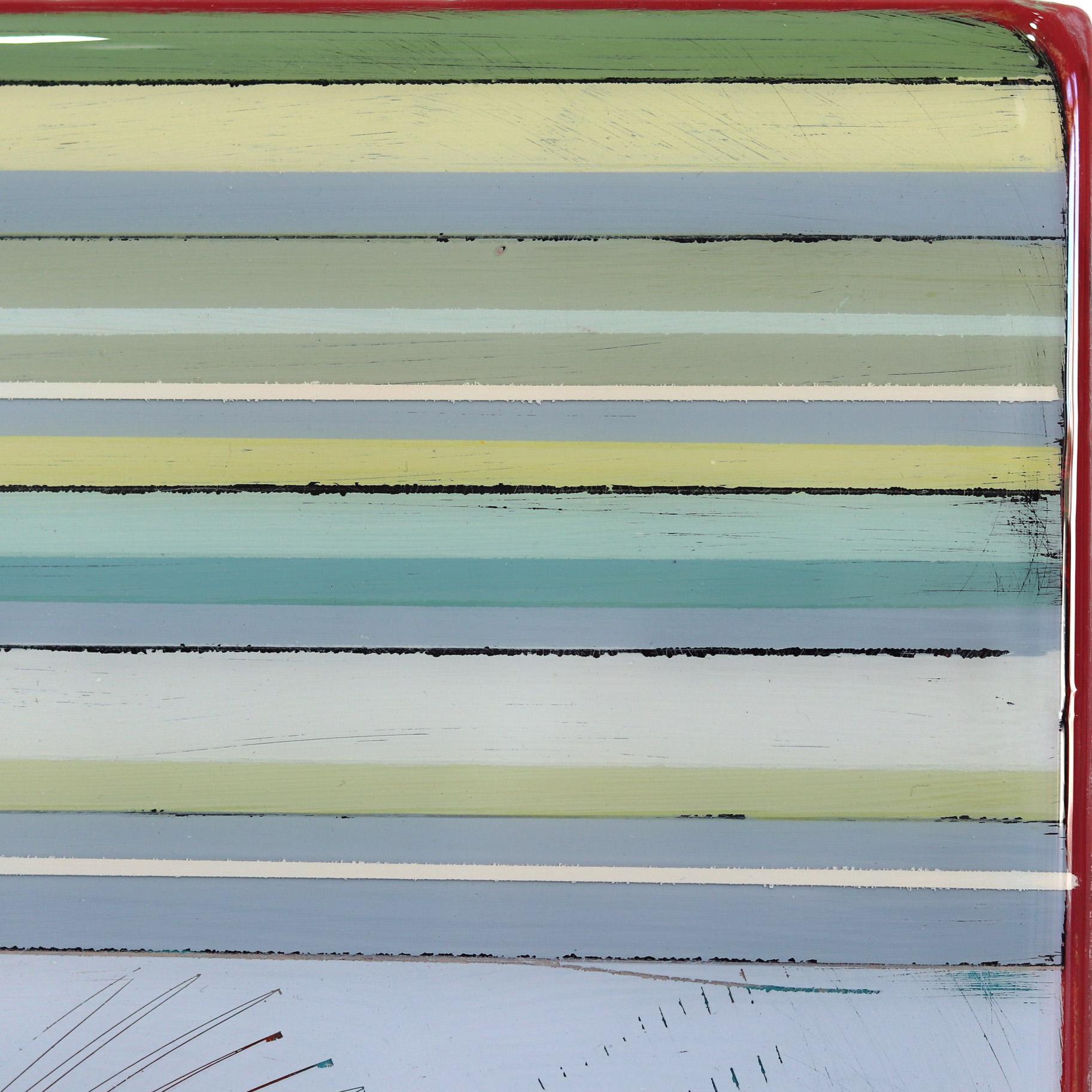 In Tune 58 - Minimalist Modern Green Striped Neutral Resin Artwork For Sale 1