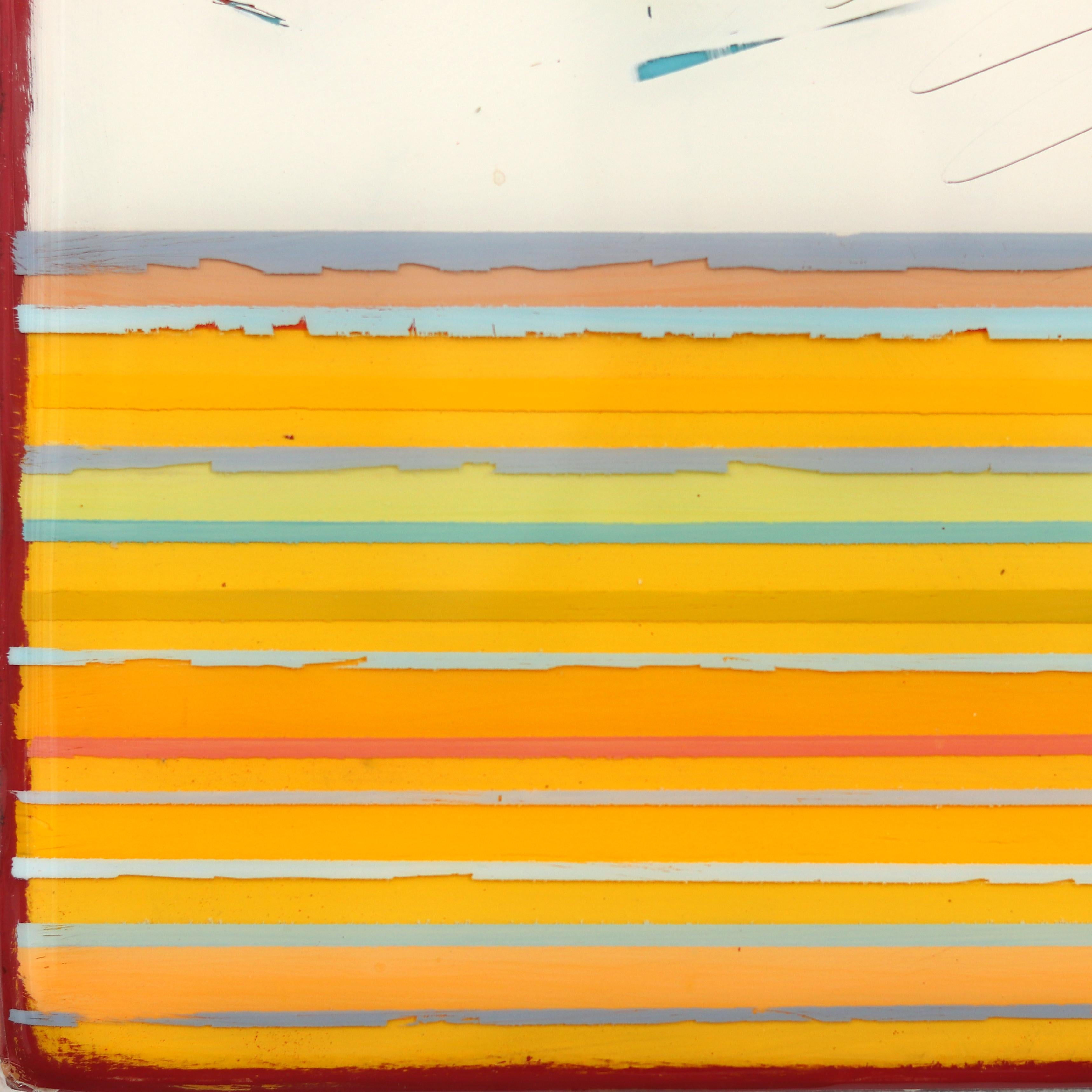 L'art mural minimaliste en techniques mixtes de Ricky Hunt est influencé par son passé tumultueux qui l'a conduit à un changement de paradigme dans sa créativité et sa vie. Il recouvre le panneau de bois de couches de peinture acrylique, en enlevant