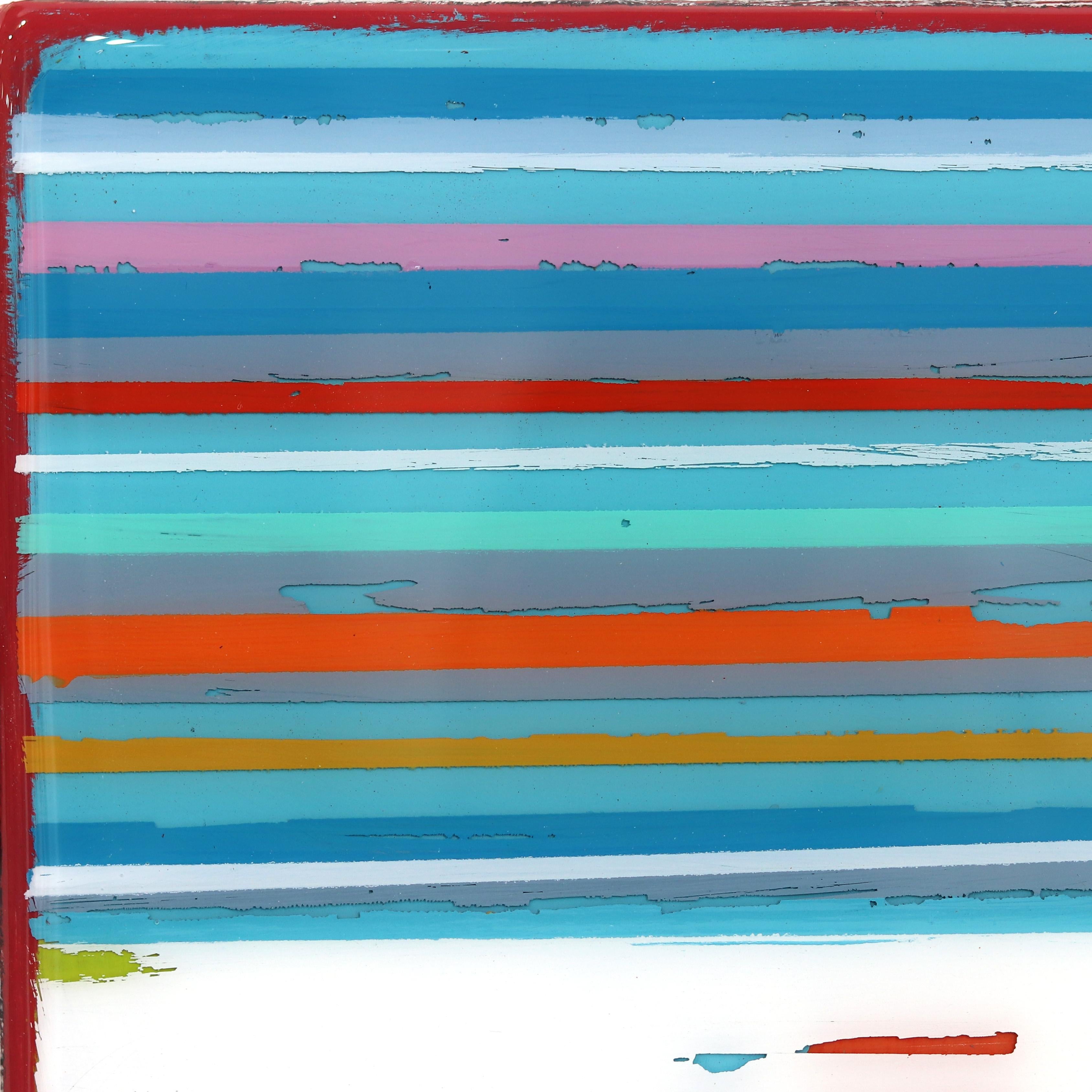 In Tune 69 - Small Modern Resin Blue Striped Minimalist Artwork For Sale 6