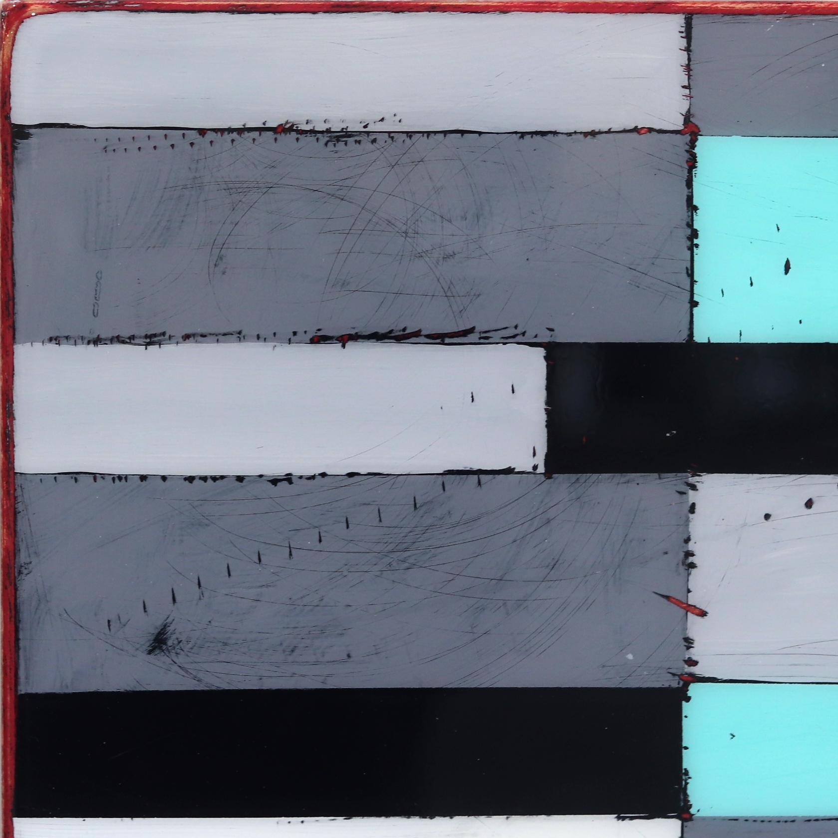 Ricky Hunt’s mixed media minimalist wall art is influenced by his tumultuous past that led to a paradigm shift in creativity and life. He covers the wood panel with layers of acrylic paint, removing some layers in the process to reveal the