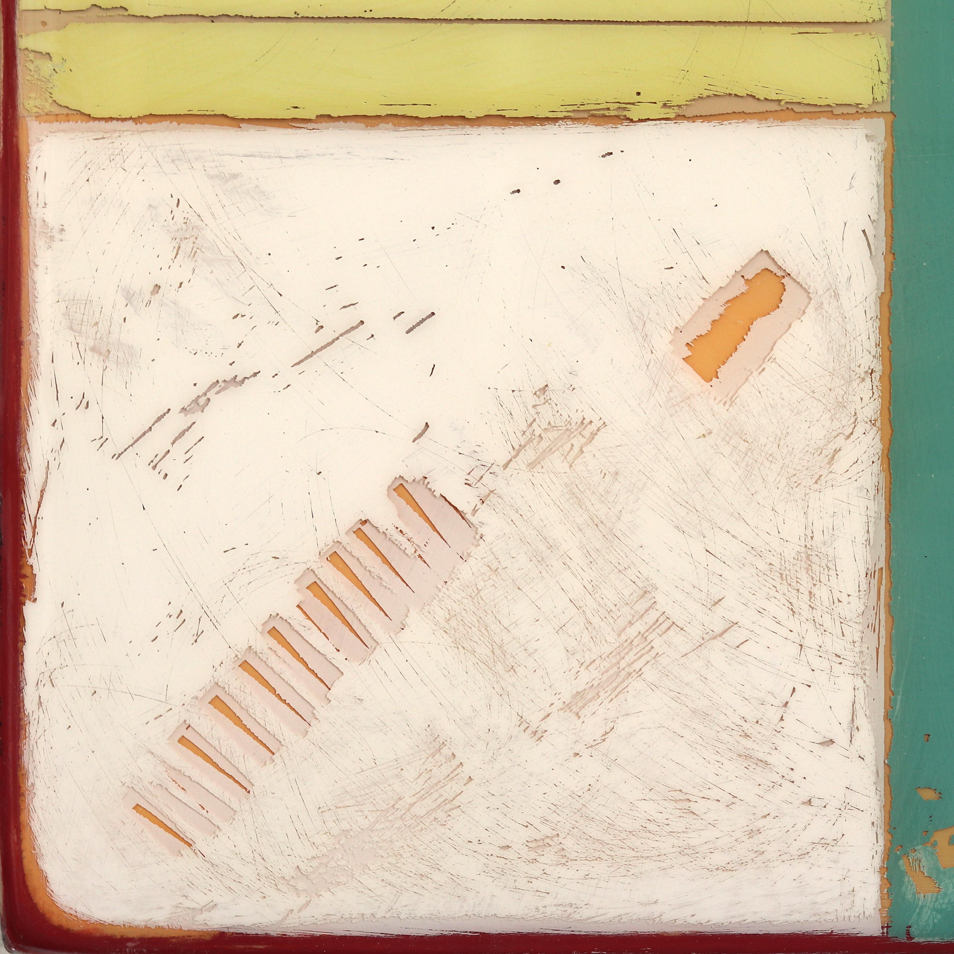 Ricky Hunt’s mixed media minimalist wall art is influenced by his tumultuous past that led to a paradigm shift in creativity and life. He covers the wood panel with layers of acrylic paint, removing some layers in the process to reveal the