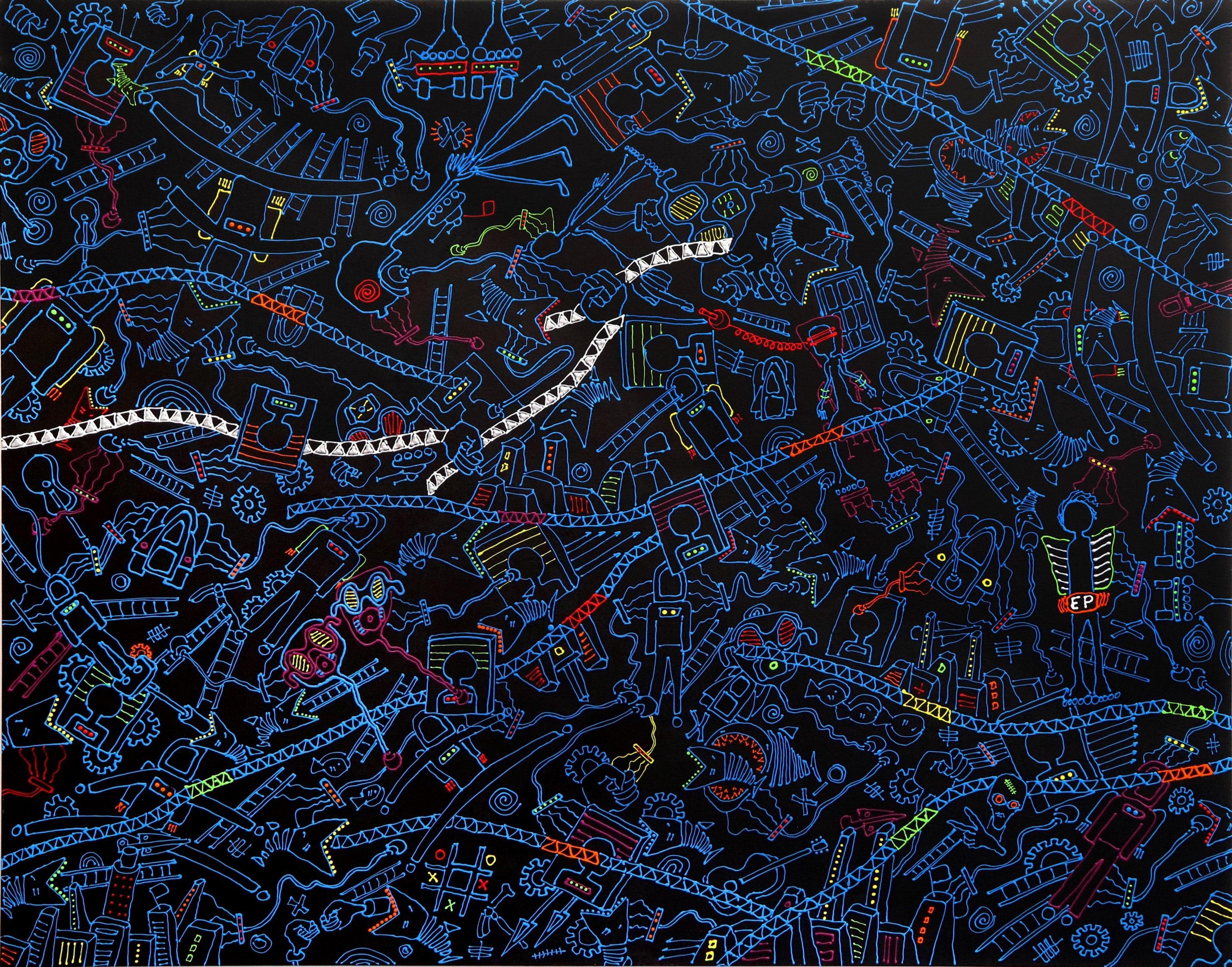 Ricky Hunt Abstract Painting – Space Junk 15 – Originales einzigartiges Original-Kunstwerk auf Leinwand
