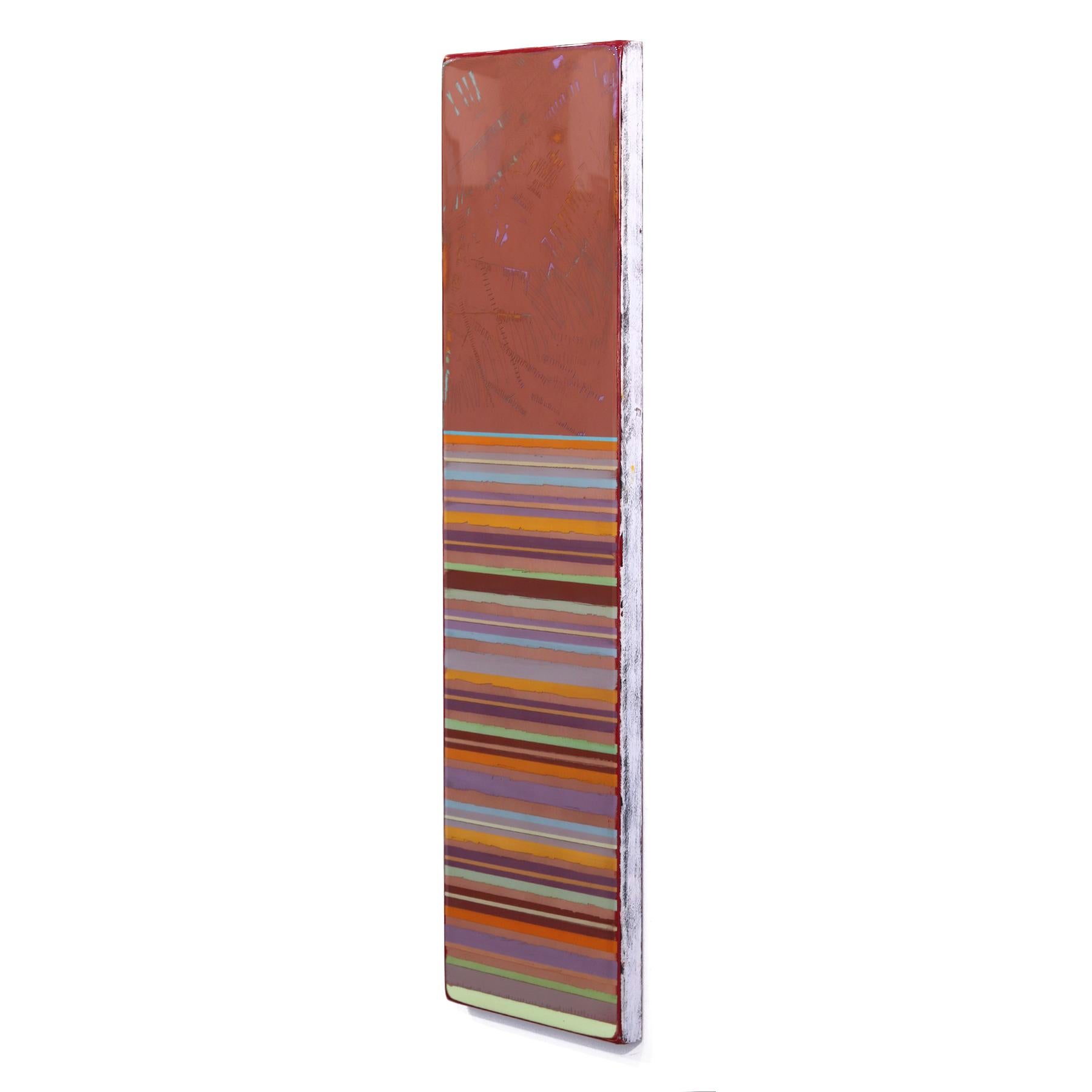 Ricky Hunt’s mixed media minimalist wall art is influenced by his tumultuous past that led to a paradigm shift in creativity and life. He covers the wood panel with layers of acrylic paint, removing some layers in the process to reveal the