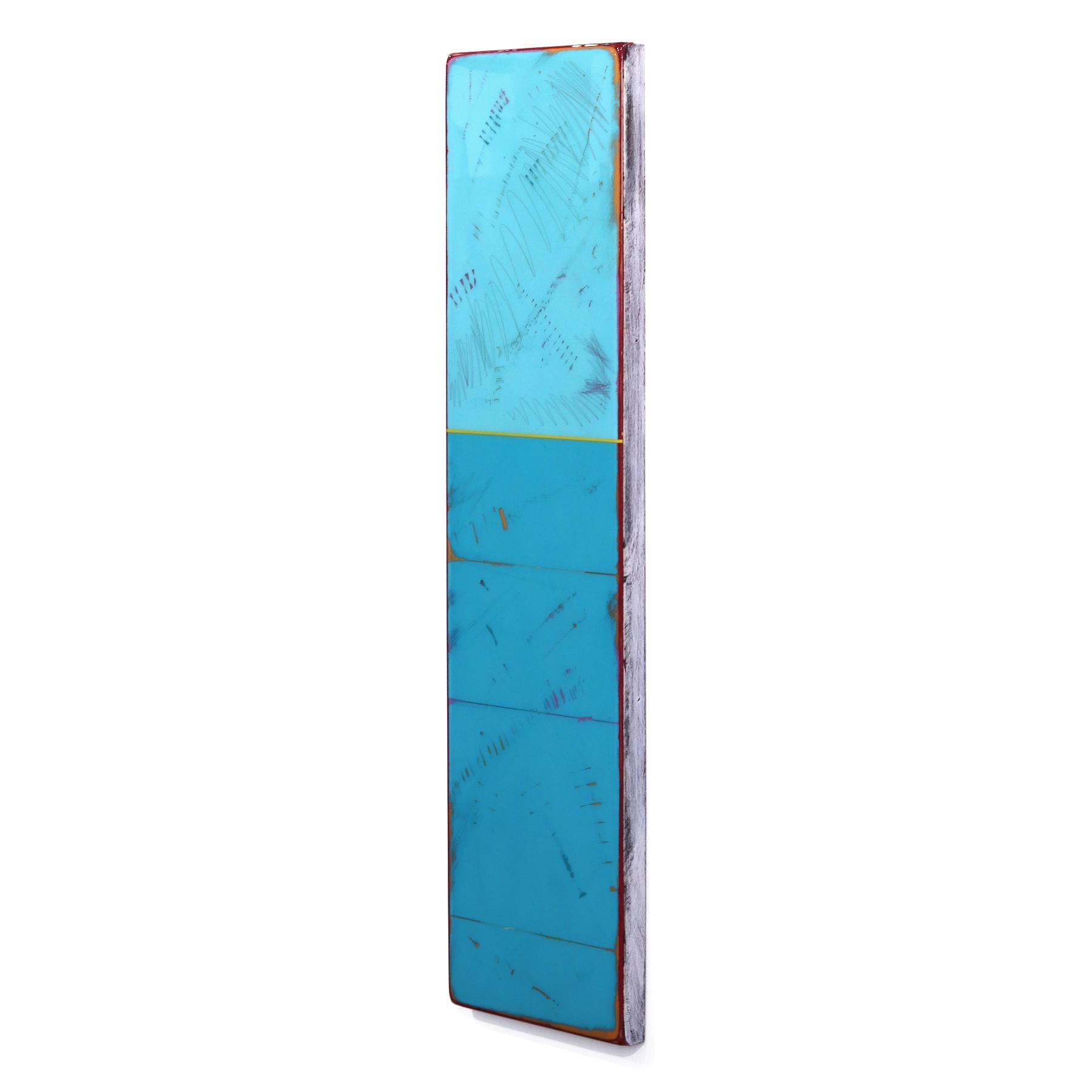 Ricky Hunt’s mixed-media minimalist wall art is influenced by his tumultuous past, which led to a paradigm shift in creativity and life. He covers the wood panel with layers of acrylic paint, removing some layers in the process to reveal the