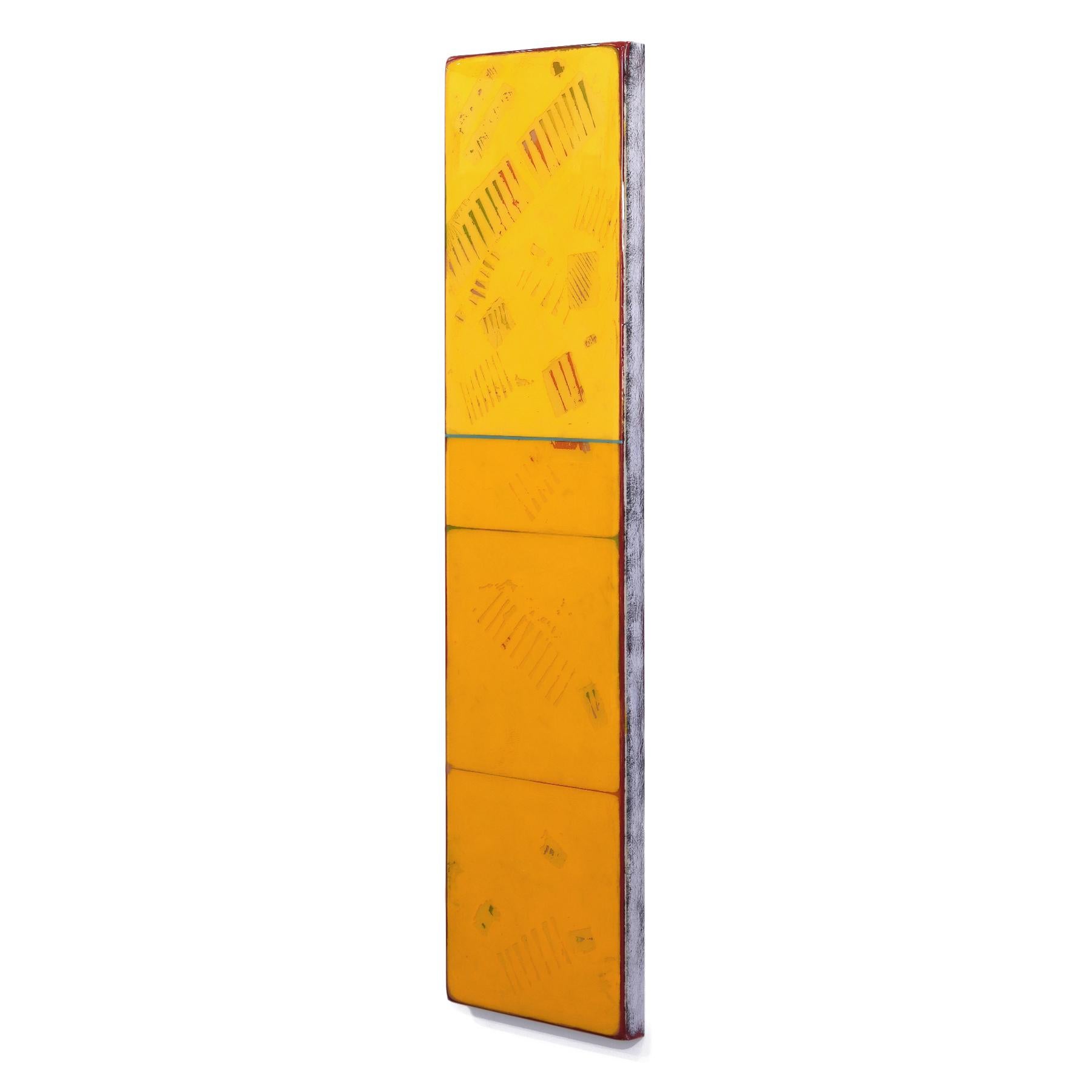 Ricky Hunt’s mixed media minimalist wall art is influenced by his tumultuous past that led to a paradigm shift in creativity and life. He covers the wood panel with layers of acrylic paint, removing some layers in the process to reveal the