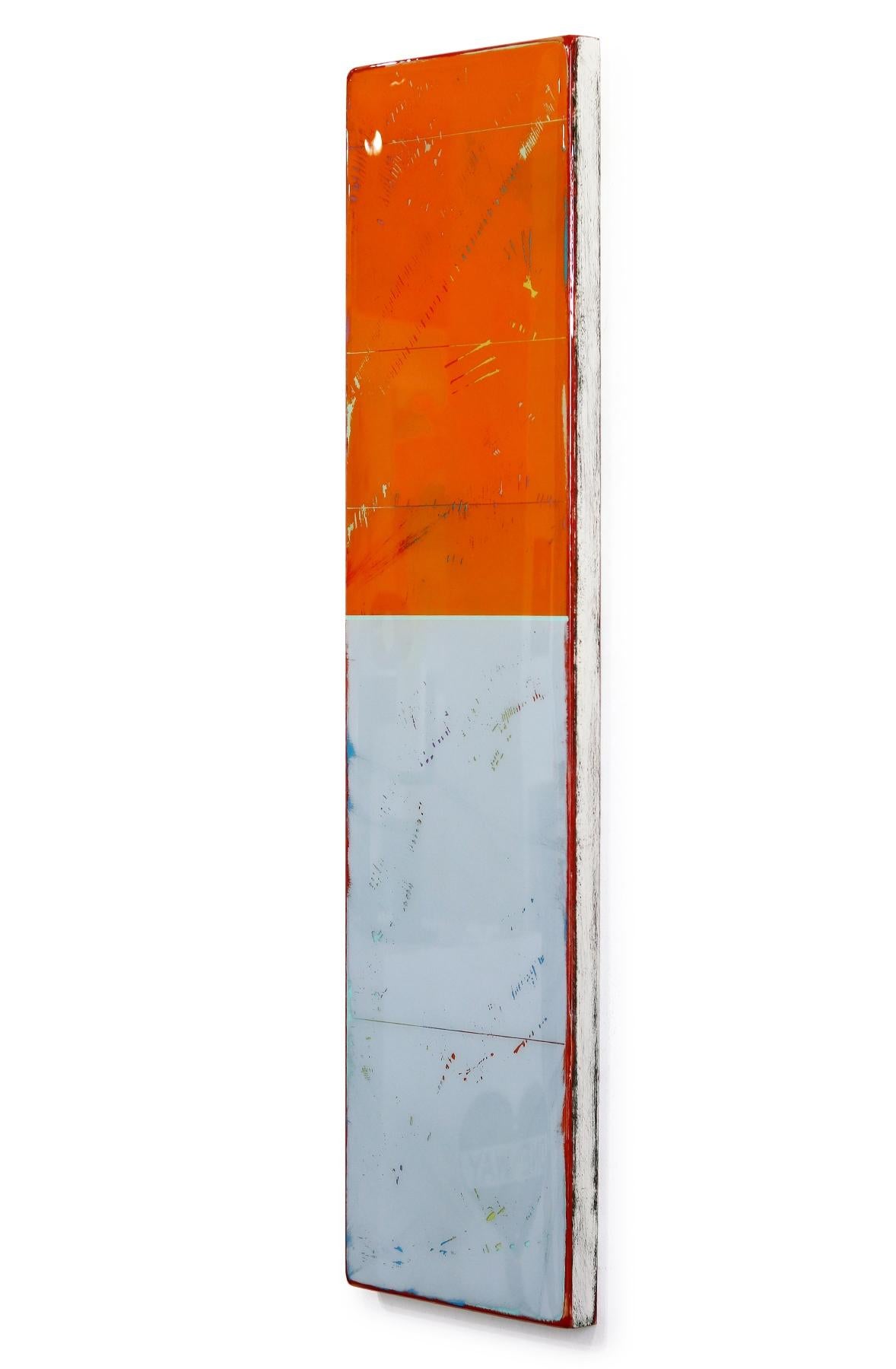 Ricky Hunt’s mixed media minimalist wall art is influenced by his tumultuous past that led to a paradigm shift in creativity and life. He covers the wood panel with layers of acrylic paint, removing some layers in the process to reveal the