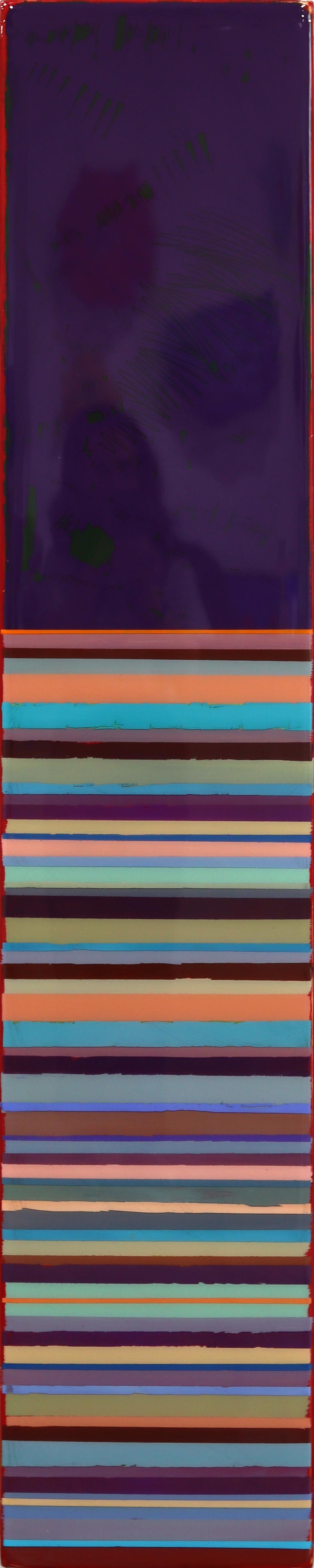 Tall Sunspot 50 - Résine moderne minimaliste rayée dans les tons violets Oeuvre d'art abstraite