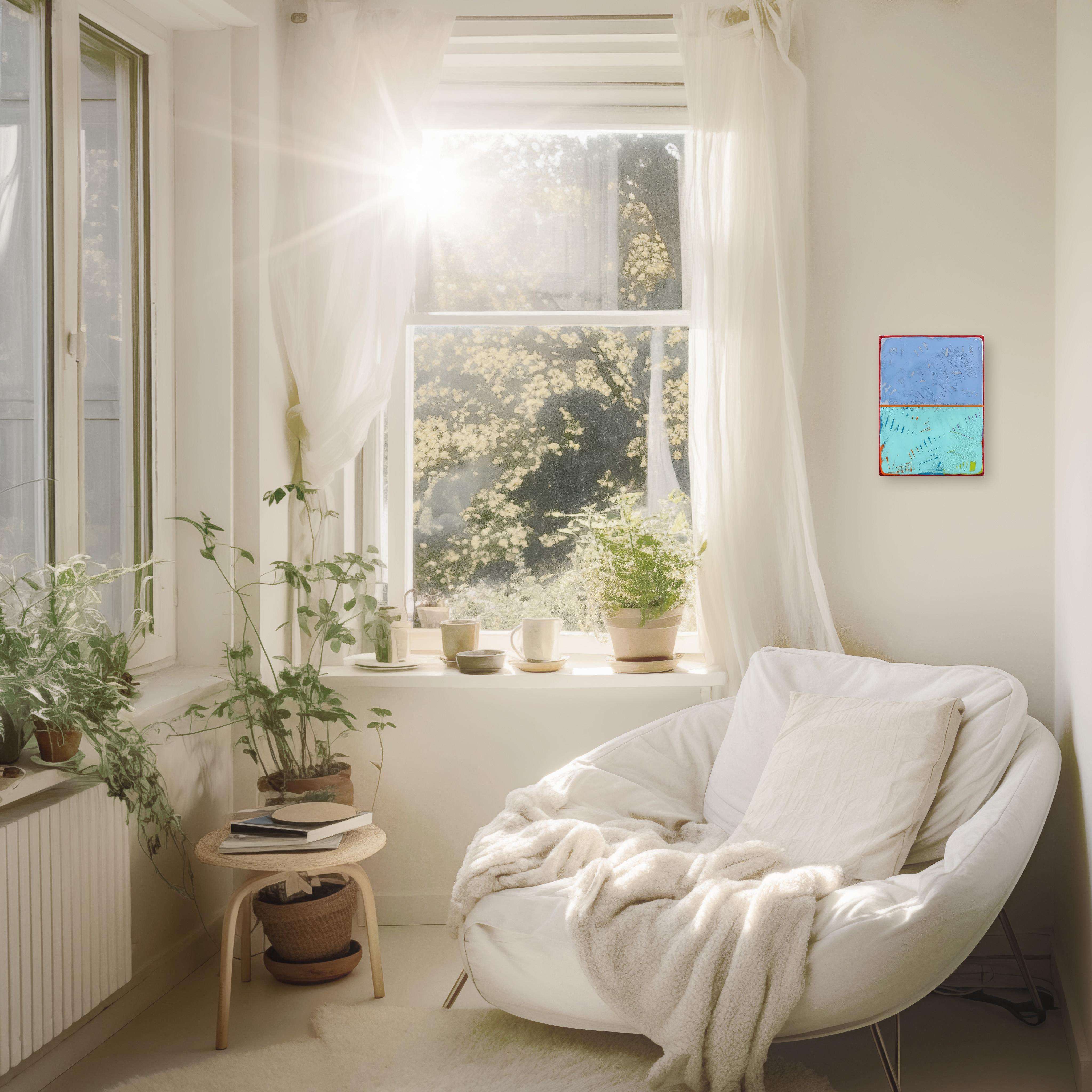 La ventana 329 - Obra de arte minimalista moderna de resina en dos tonos de azul en venta 1