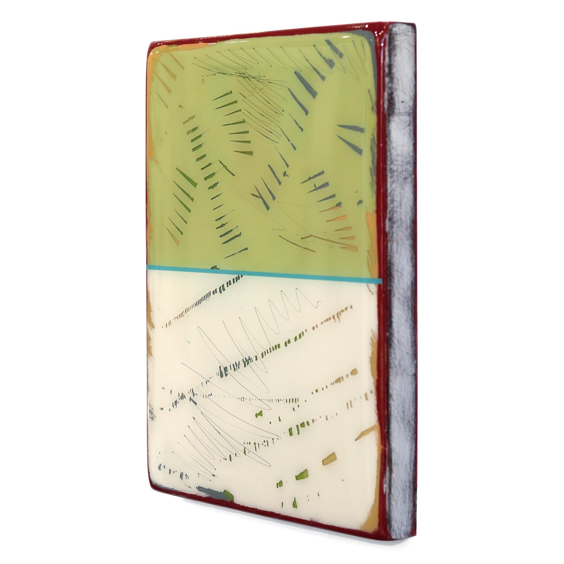 Ricky Hunt’s mixed media minimalist wall art is influenced by his tumultuous past that led to a paradigm shift in creativity and life. He covers the wood panel with layers of acrylic paint, removing some layers in the process to reveal the