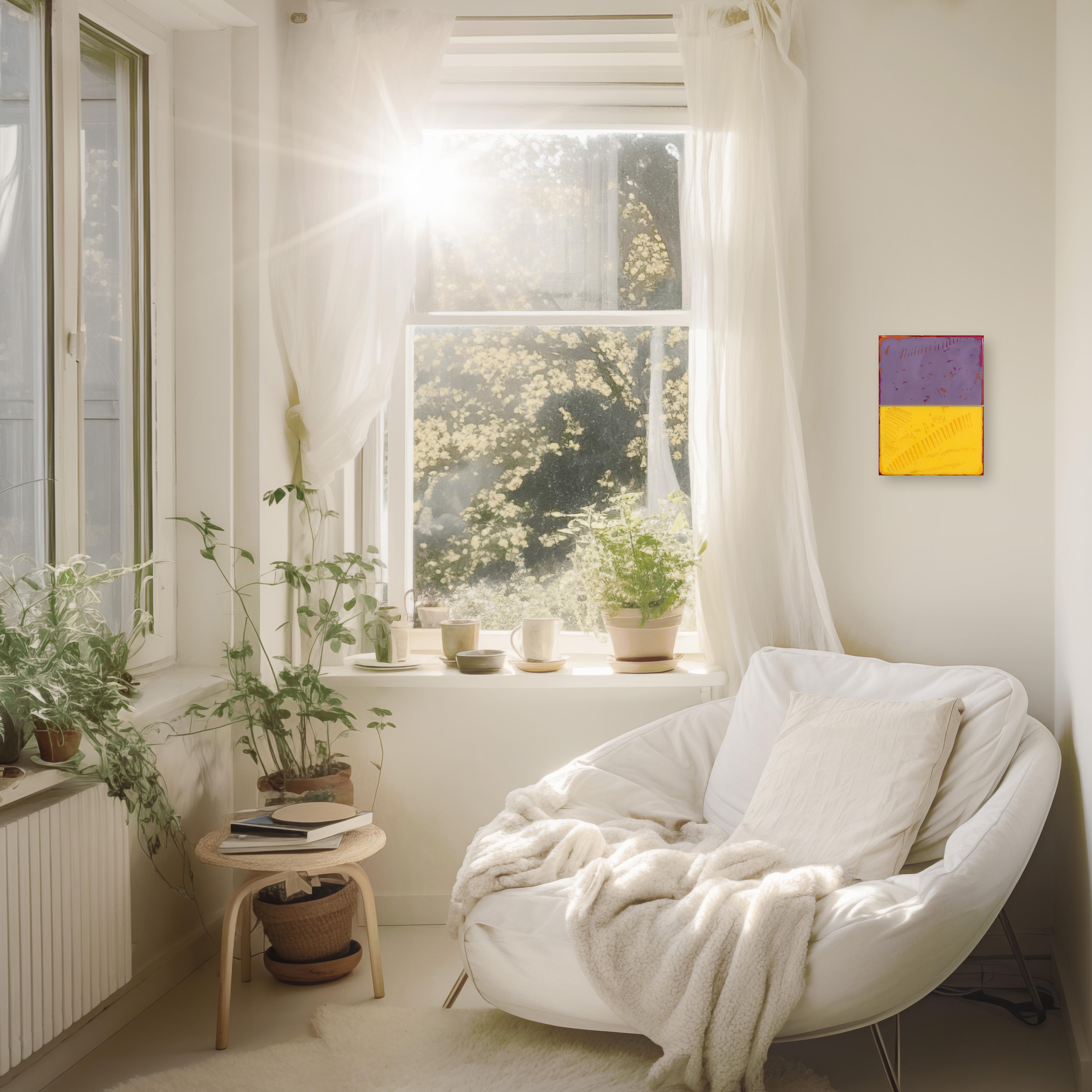 Das Fenster 354 - Modernes glänzendes Harz Minimalist lila & gelb zweifarbiges Kunstwerk im Angebot 4