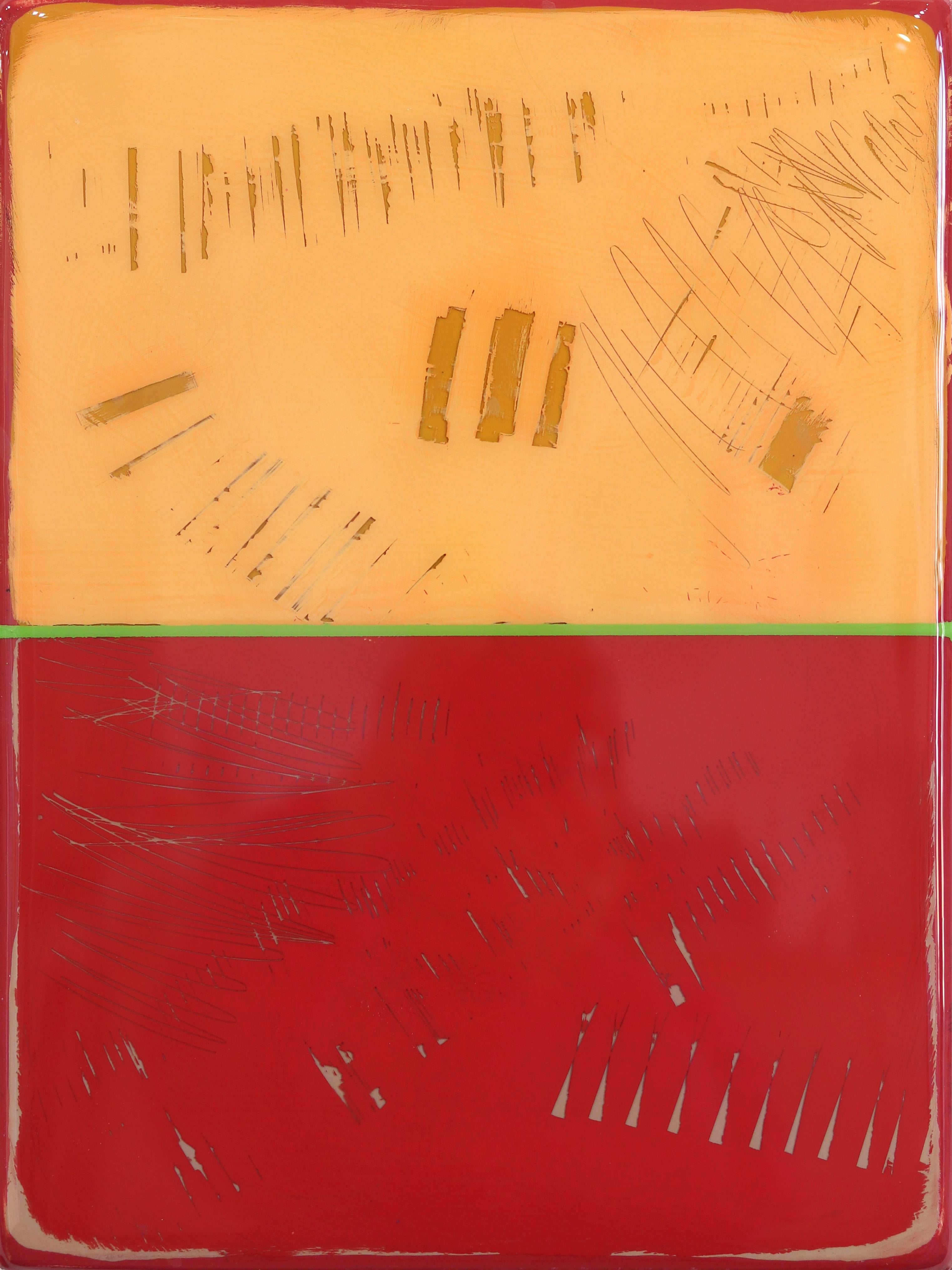 The Window 369 - Œuvre d'art moderne en résine brillante minimaliste rouge et jaune à deux tons