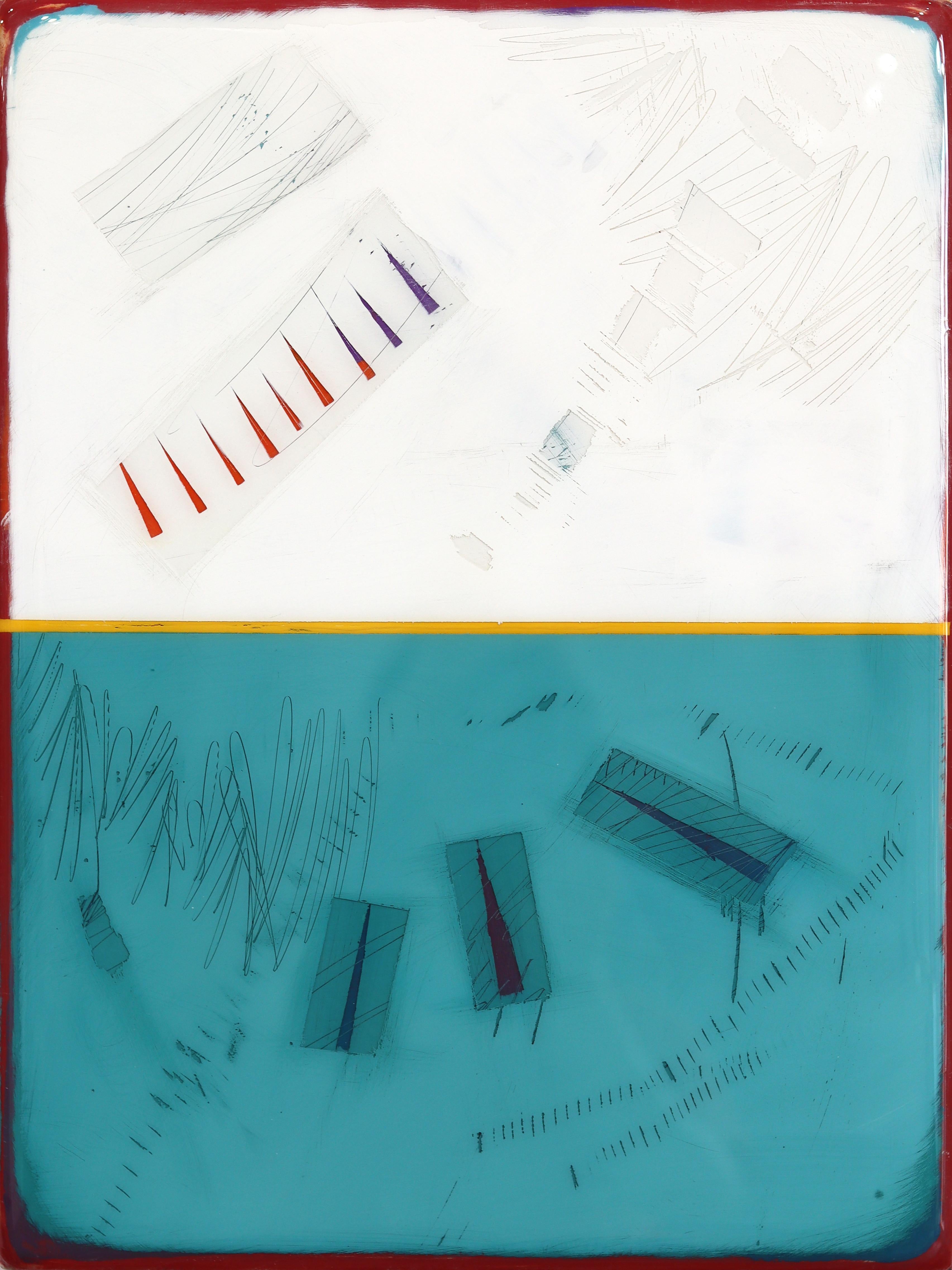 Das Fenster 380 - Modernes glänzendes Harz Minimalistisches zweifarbiges Kunstwerk in Teal und Weiß