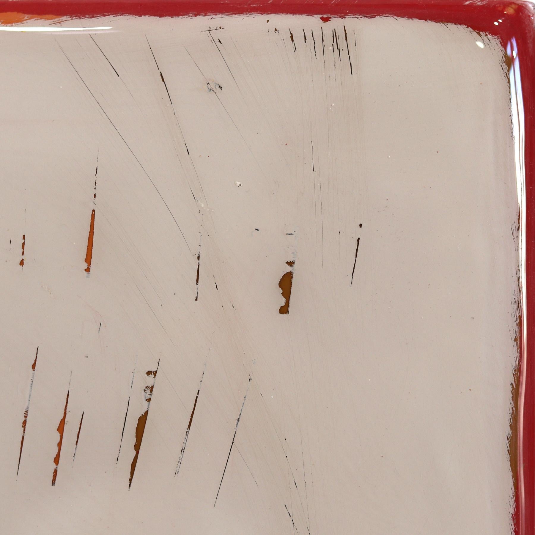 Ricky Hunt’s mixed media minimalist wall art is influenced by his tumultuous past that led to a paradigm shift in creativity and life. He covers the wood panel with layers of acrylic paint, removing some layers in the process to reveal the