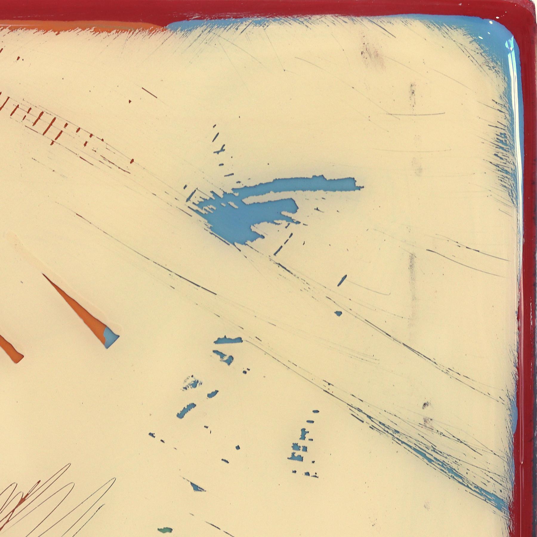 Ricky Hunt’s mixed media minimalist wall art is influenced by his tumultuous past that led to a paradigm shift in creativity and life. He covers the wood panel with layers of acrylic paint, removing some layers in the process to reveal the