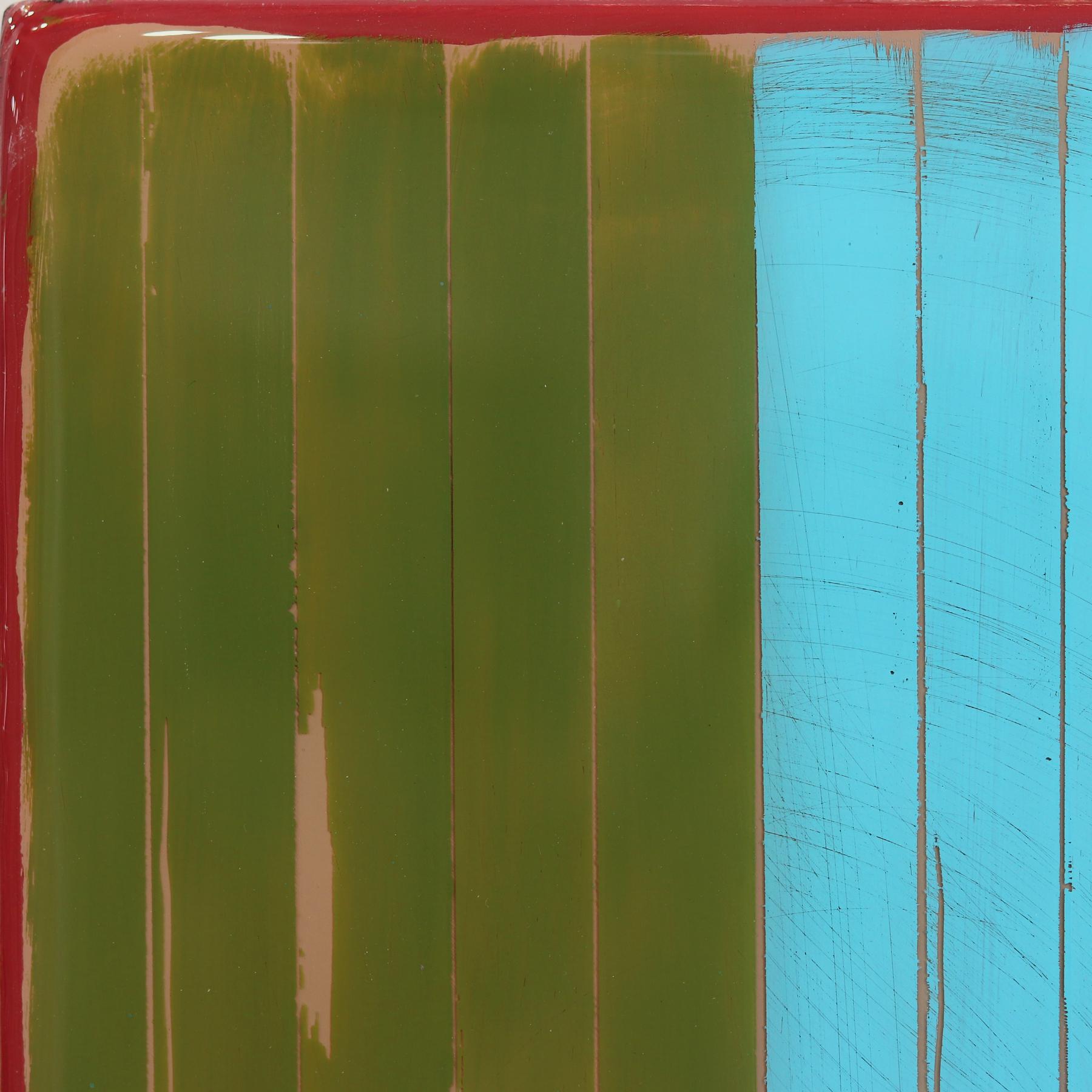 Ricky Hunt’s mixed media minimalist wall art is influenced by his tumultuous past that led to a paradigm shift in creativity and life. He covers the wood panel with layers of acrylic paint, removing some layers in the process to reveal the