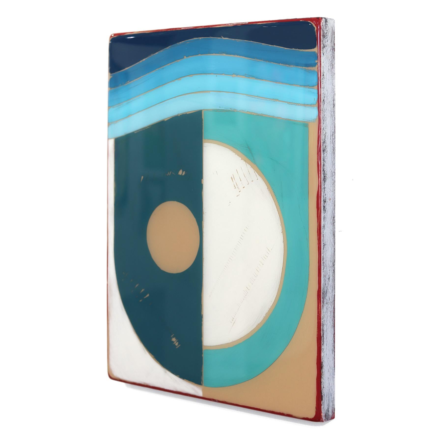 Ricky Hunt’s mixed media minimalist wall art is influenced by his tumultuous past that led to a paradigm shift in creativity and life. He covers the wood panel with layers of acrylic paint, removing some layers in the process to reveal the