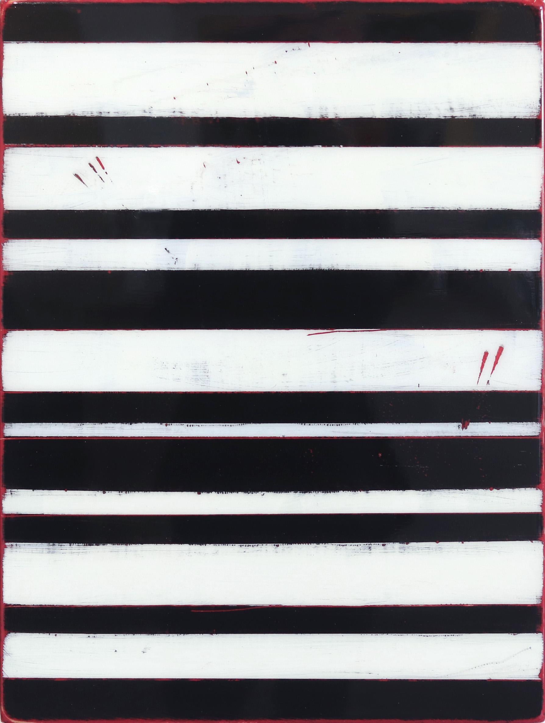Vibration 3 - Monochrom gestreiftes schwarz-weiß gestreiftes Kunstwerk aus Harz