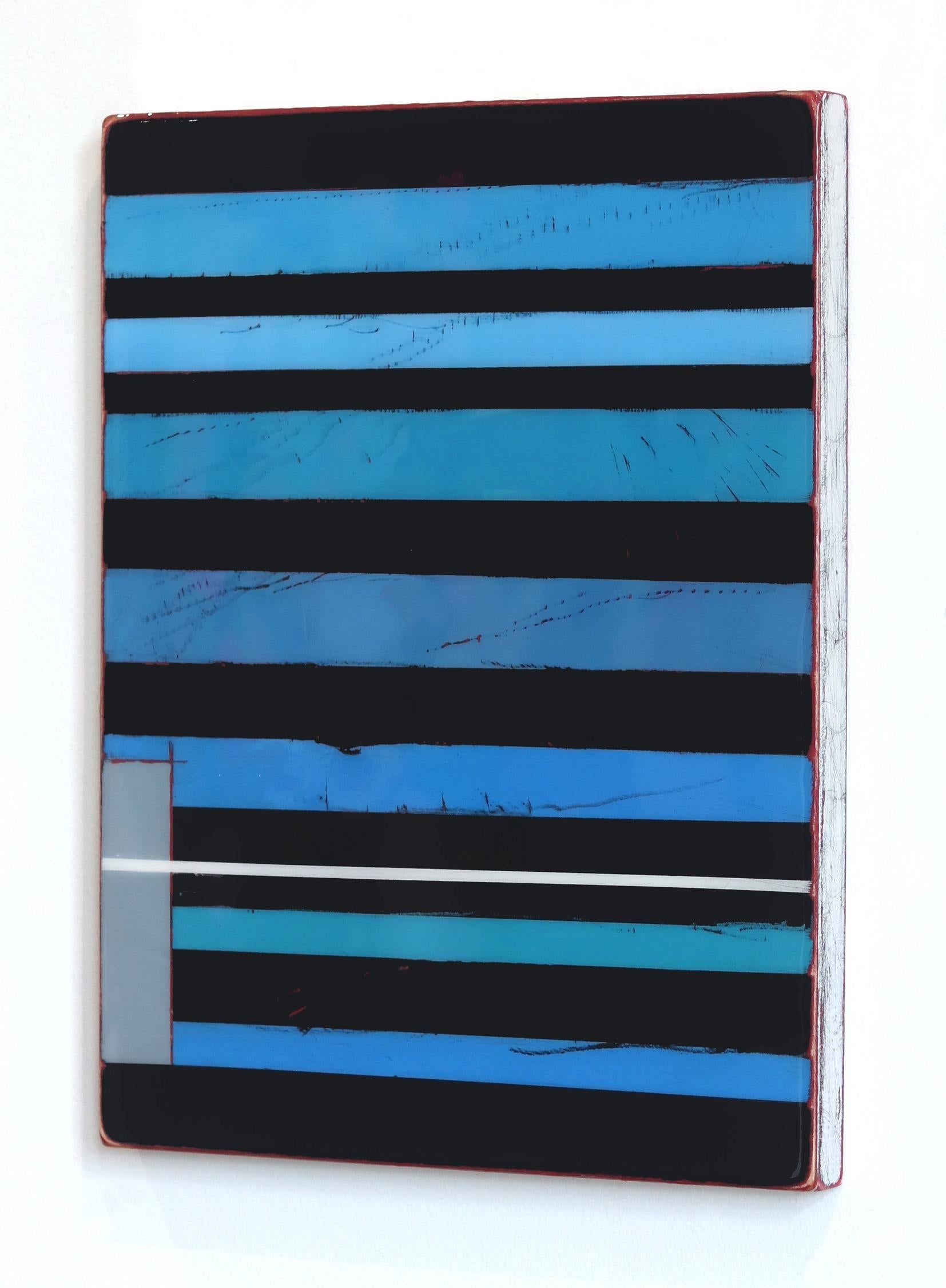 Vibration 5 - Modern Blue and Black Striped Minimalist Resin Artwork 1