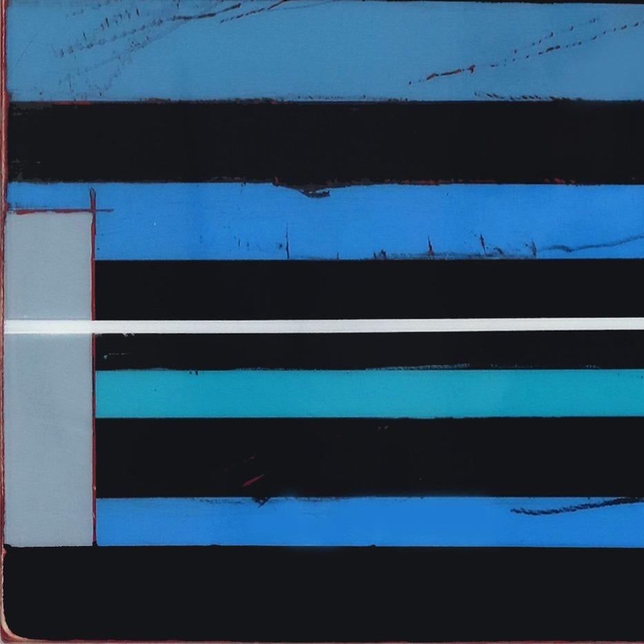 Vibration 5 - Modern Blue and Black Striped Minimalist Resin Artwork 4