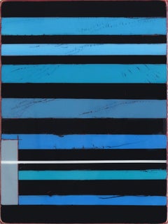 Vibration 5 - Modern Blue and Black Striped Minimalist Resin Artwork