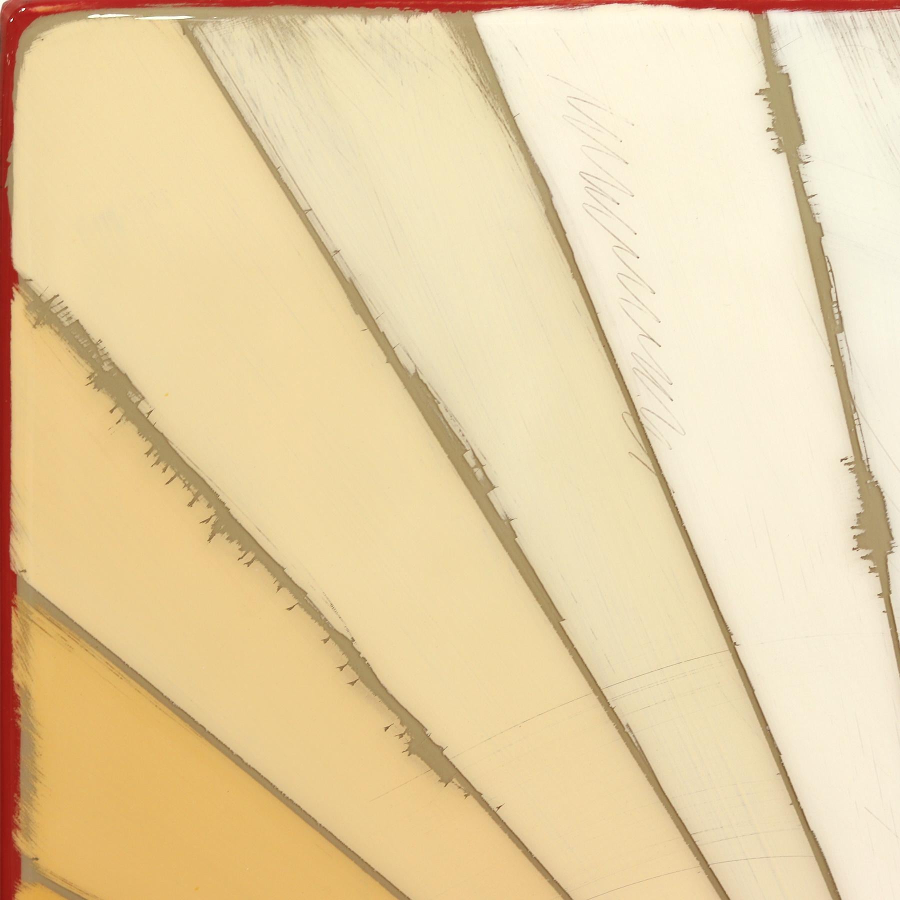 L'art mural minimaliste en techniques mixtes de Ricky Hunt est influencé par son passé tumultueux qui l'a conduit à un changement de paradigme dans sa créativité et sa vie. Il recouvre le panneau de bois de couches de peinture acrylique, en enlevant