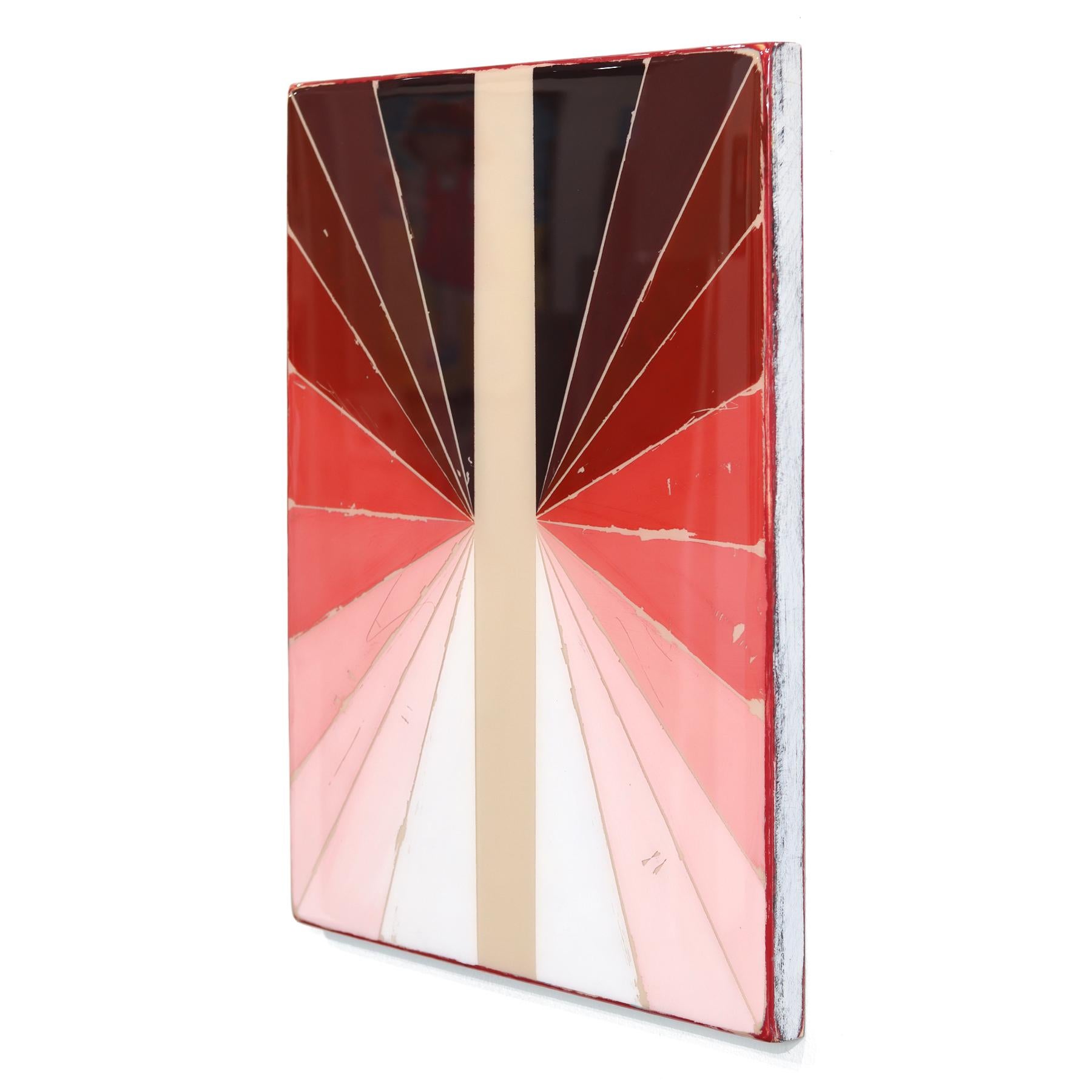 Ricky Hunt’s mixed media minimalist wall art is influenced by his tumultuous past that led to a paradigm shift in creativity and life. He covers the wood panel with layers of acrylic paint, removing some layers in the process to reveal the