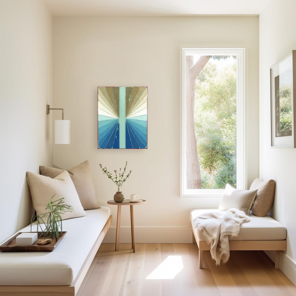 Ricky Hunt’s mixed media minimalist wall art is influenced by his tumultuous past that led to a paradigm shift in creativity and life. He covers the wood panel with layers of acrylic paint, removing some layers in the process to reveal the