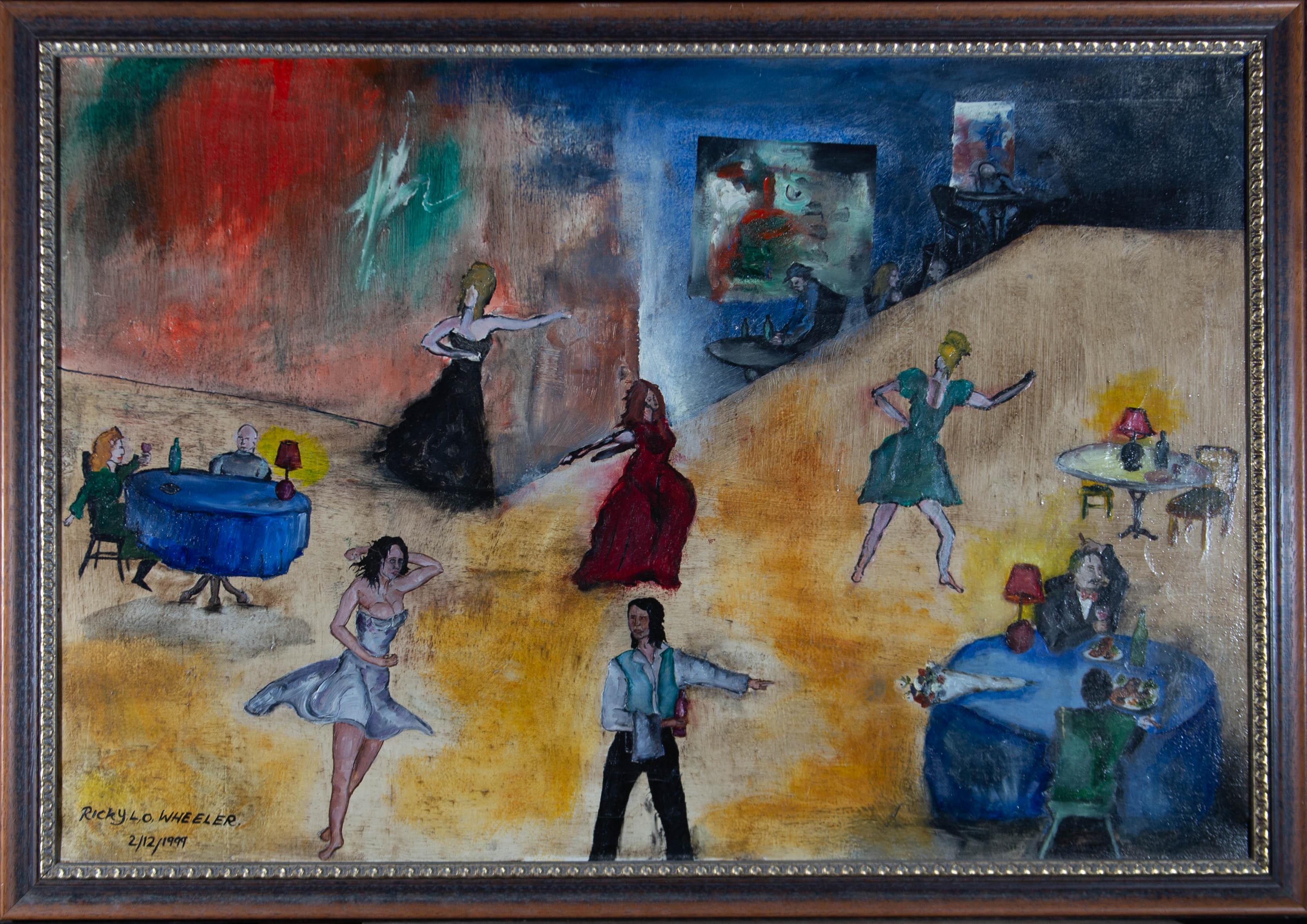 A surreal bar interior showing patrons sitting in a spaced out room at tables, eating and drinking. four women are engrossed in wild dancing in the middle. This strange scene has been signed and dated in the lower left corner and the painting has