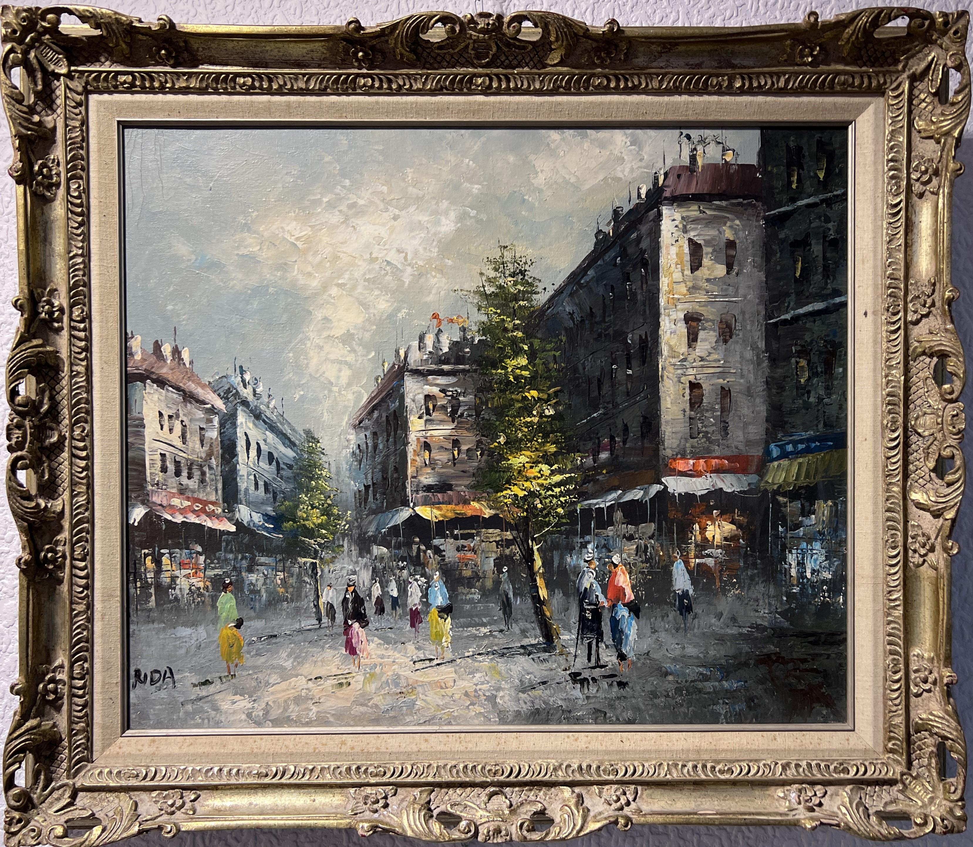 Rida Vintage oil painting on canvas, Cityscape, Signed Rida, Ornate