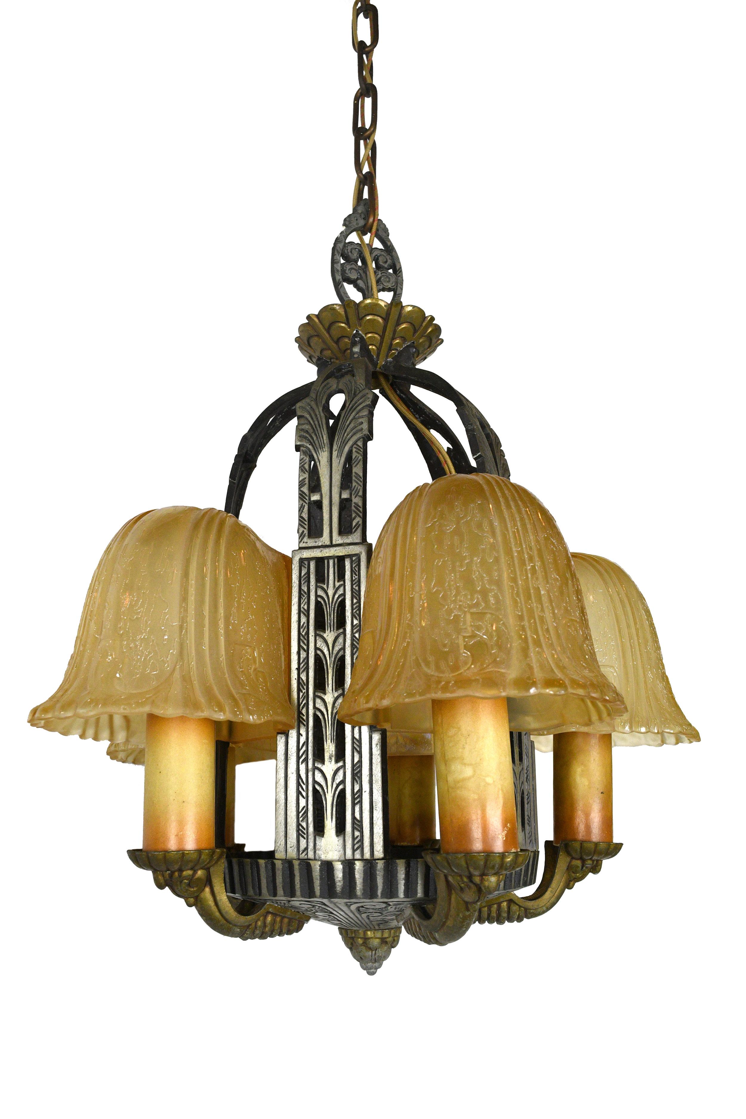 American Riddle Art Deco 5 Candle Slip Shade Chandelier For Sale